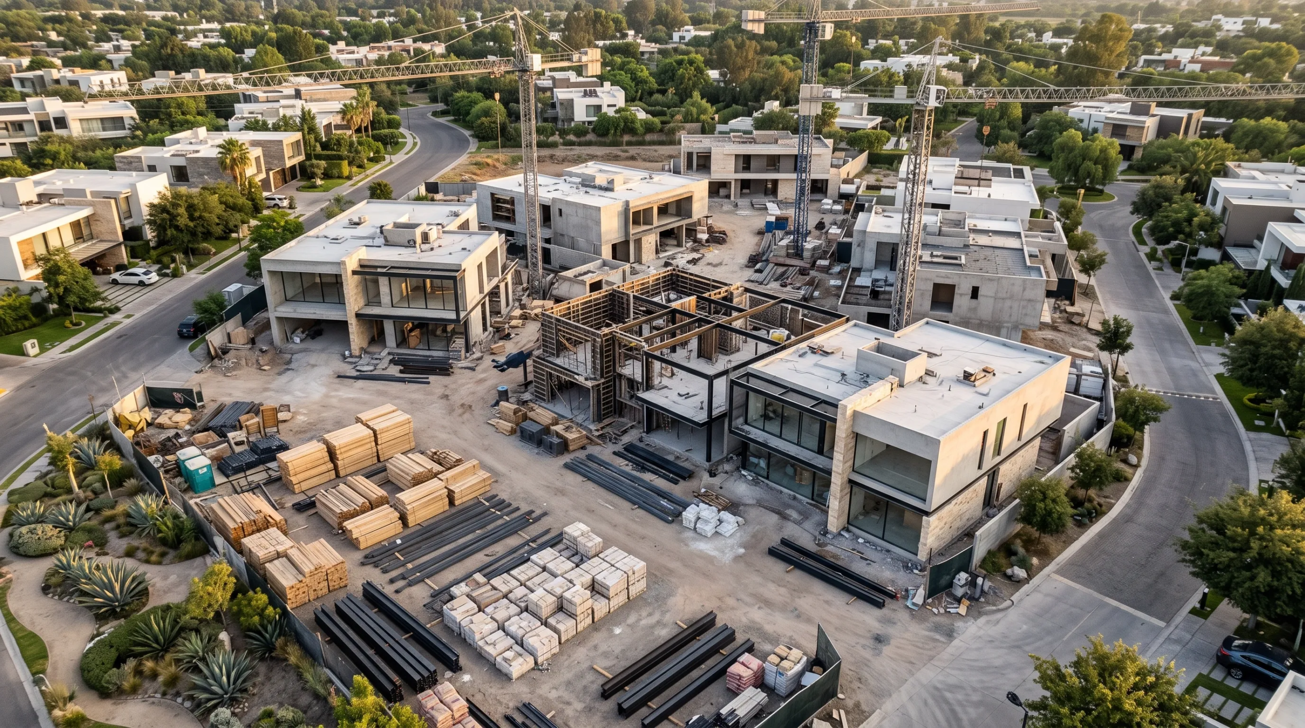 Vista aérea a gran altura de un desarrollo residencial en construcción activa con estructuras modernas de varios pisos, entramado estructural, grúas torre, materiales organizados en áreas de acopio y calles pavimentadas, desarrollo orquestado de RBA Residences en Zapopan.