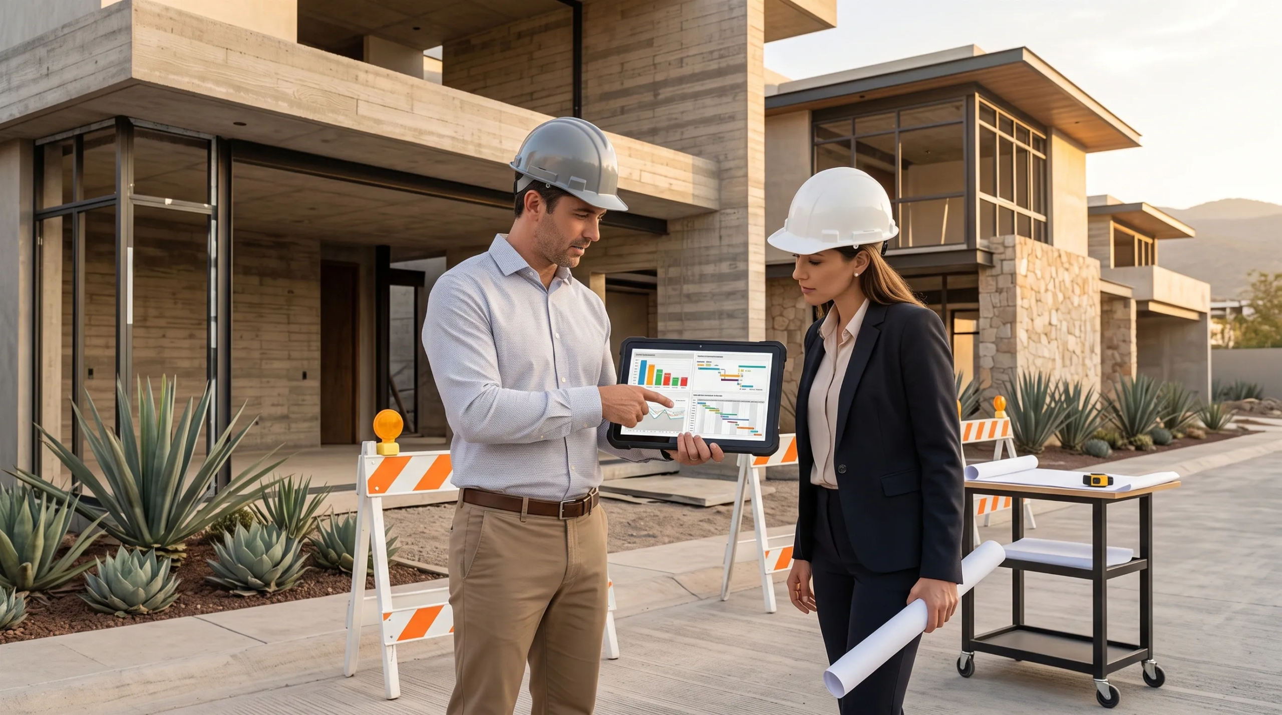 Vista de análisis de gestión de proyectos de construcción y diagramas de Gantt en la pantalla de una tableta reforzada, posicionada al aire libre en un sitio de construcción residencial de lujo con estructuras de concreto con textura de encofrado, revestimiento de muro de piedra natural, vallas de seguridad y planos enrollados, orquestación de cronogramas de RBA Residences en Zapopan.
