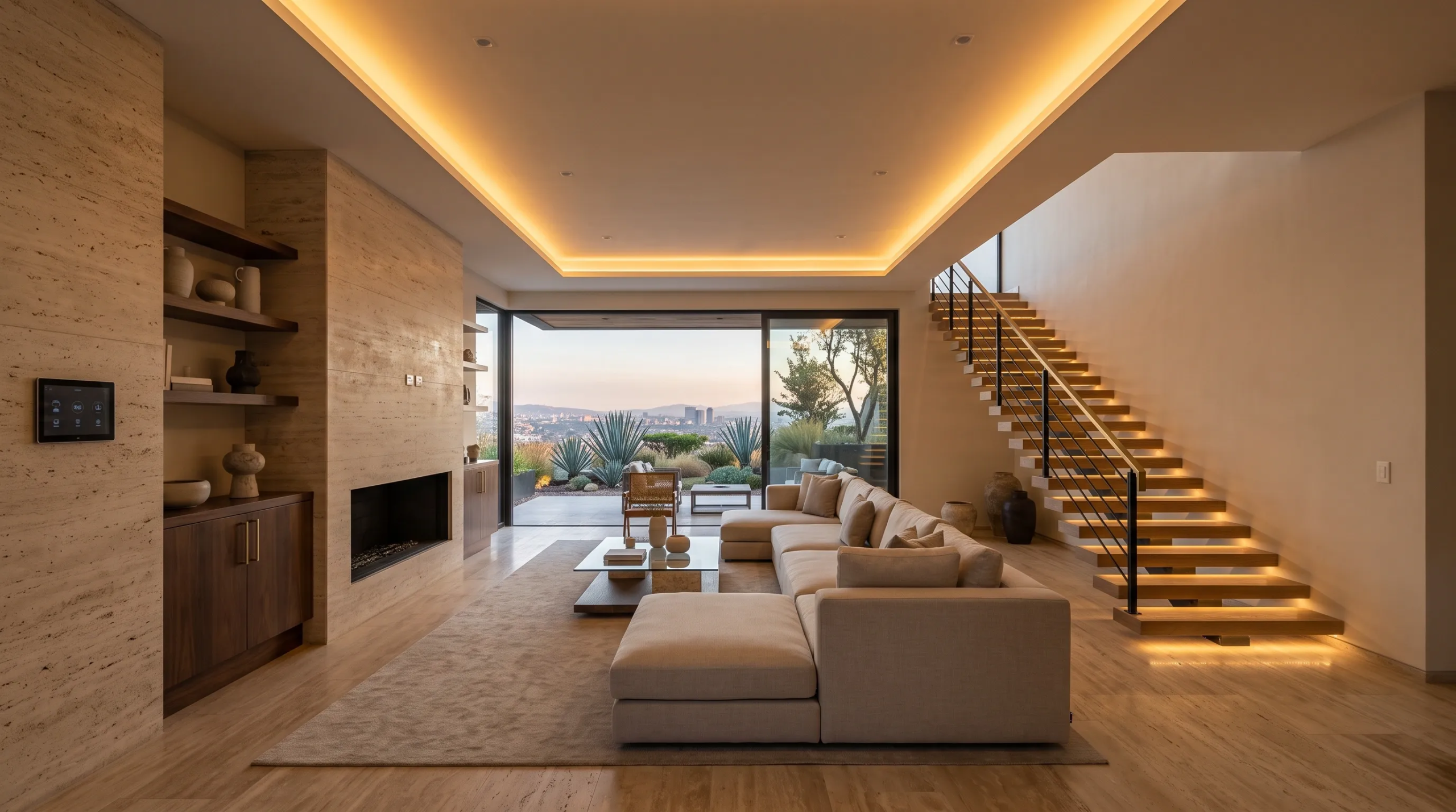 Sala de estar contemporánea de lujo con iluminación LED en cornisa, escalera flotante de madera con luz cálida bajo los peldaños, muro acentuado de travertino, chimenea y puertas corredizas de vidrio hacia un patio exterior, diseño de iluminación de RBA Residences en Zapopan.