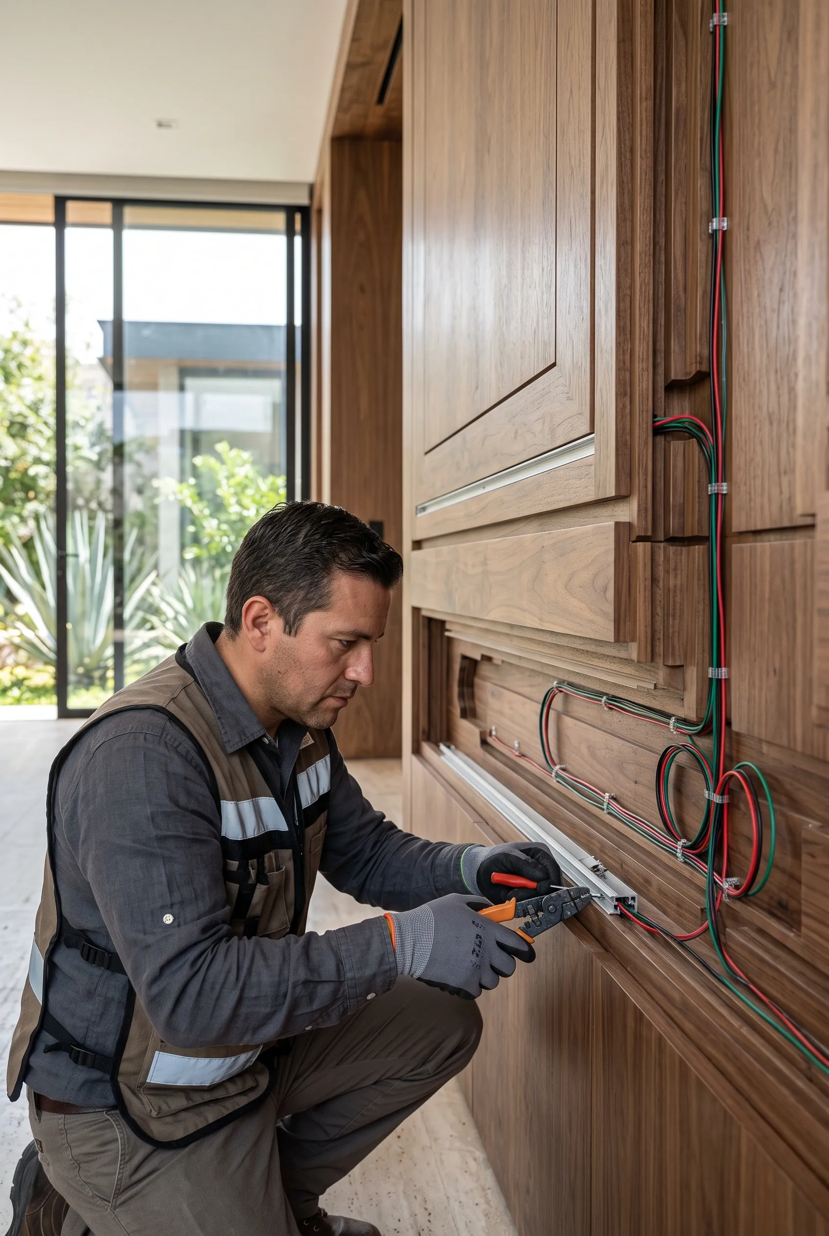 Vista de un electricista o técnico de domótica con chaleco de trabajo y guantes de protección utilizando pelacables para instalar cableado eléctrico de bajo voltaje a lo largo de un sistema de paneles de pared de nogal personalizado dentro de una residencia moderna de lujo, integración tecnológica de RBA Residences en Zapopan.