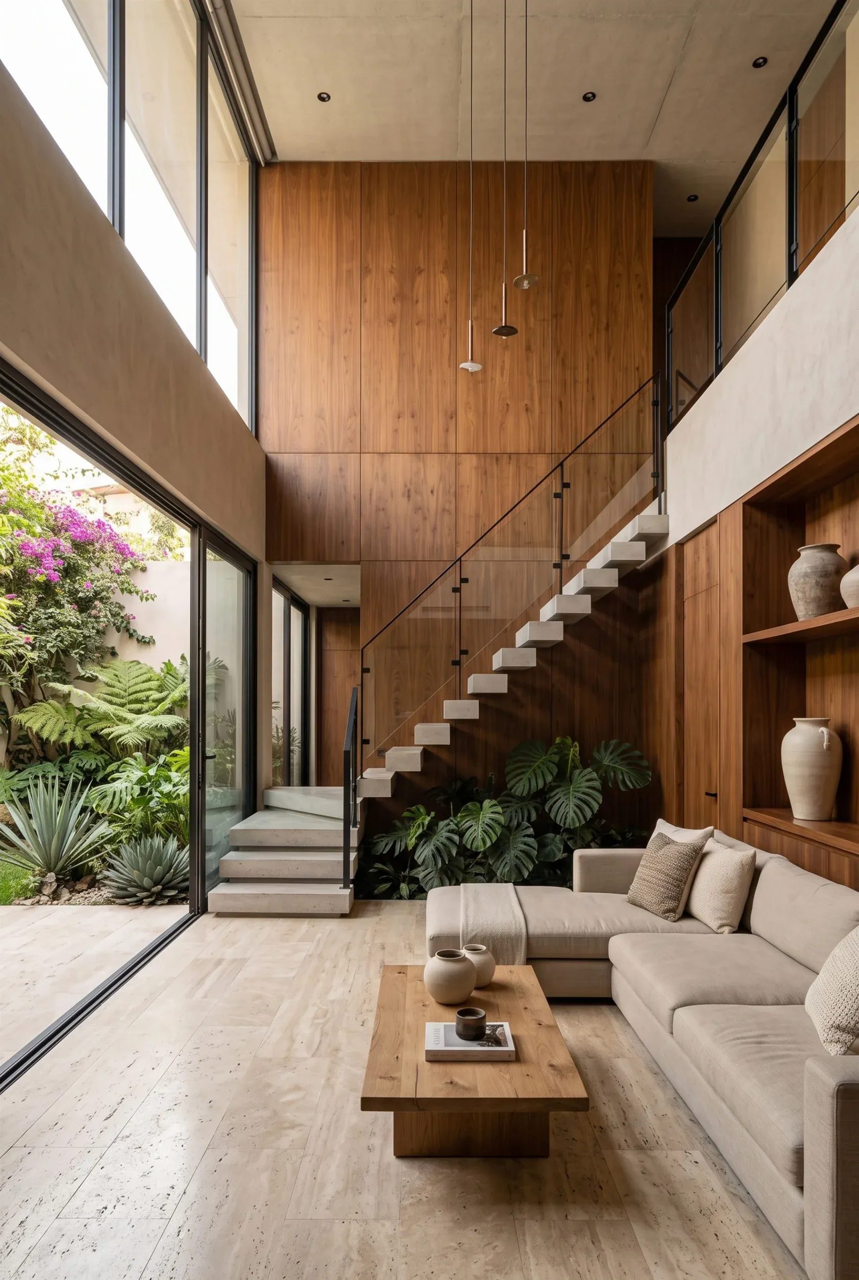 Vista de la revisión estructural de una escalera de concreto en voladizo, integración de paneles de madera de nogal de doble altura y verificación de la continuidad del piso de travertino entre interiores y exteriores, representando la audacia arquitectónica y la fluidez espacial de RBA Residences en Zapopan.