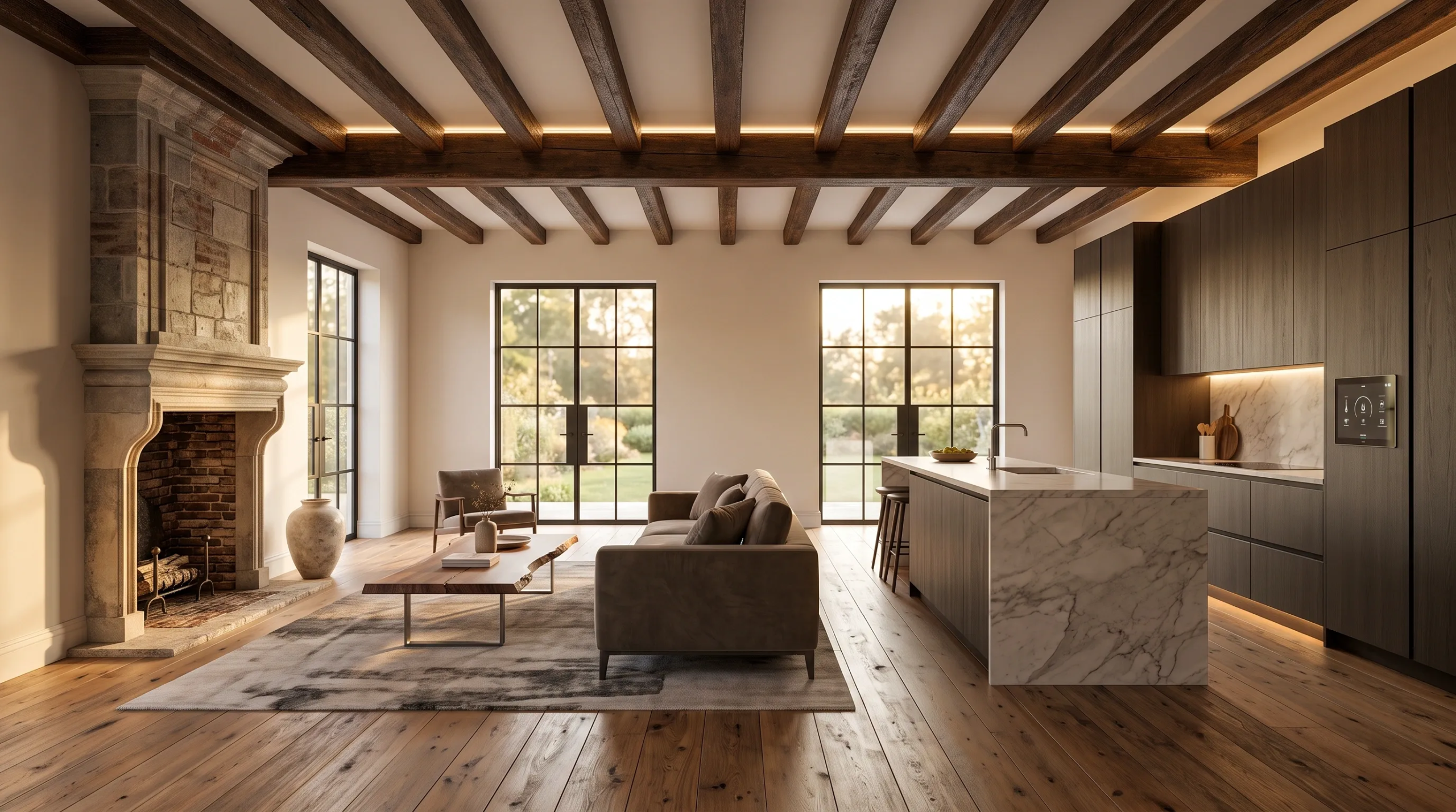 Vista interior de un espacio abierto moderno de sala y cocina con vigas de techo de madera oscura expuestas, iluminación LED lineal integrada, chimenea con marco de piedra tallada, carpintería de madera oscura con interfaces domóticas, isla de cocina de mármol tipo cascada, pisos de madera de tablón ancho y puertas francesas con marco de acero negro que dan a un jardín paisajístico, diseño integral de RBA Residences en Zapopan.
