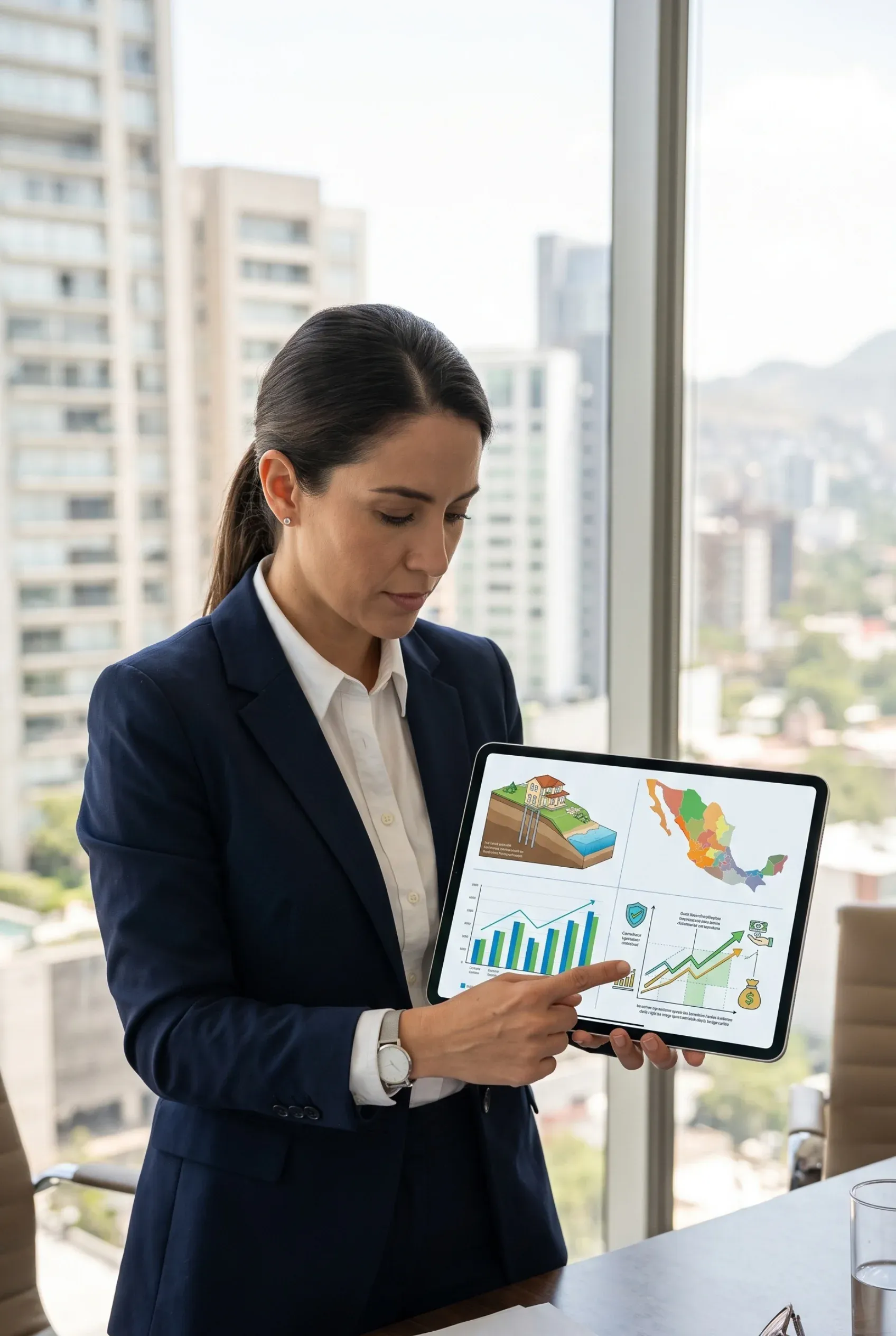 Vista de un ejecutivo presentando un panel de control de desarrollo inmobiliario y datos geográficos en una tableta, en una oficina de gran altura con vista a edificios de la ciudad, inteligencia de mercado y planificación estratégica de RBA Residences en Zapopan.