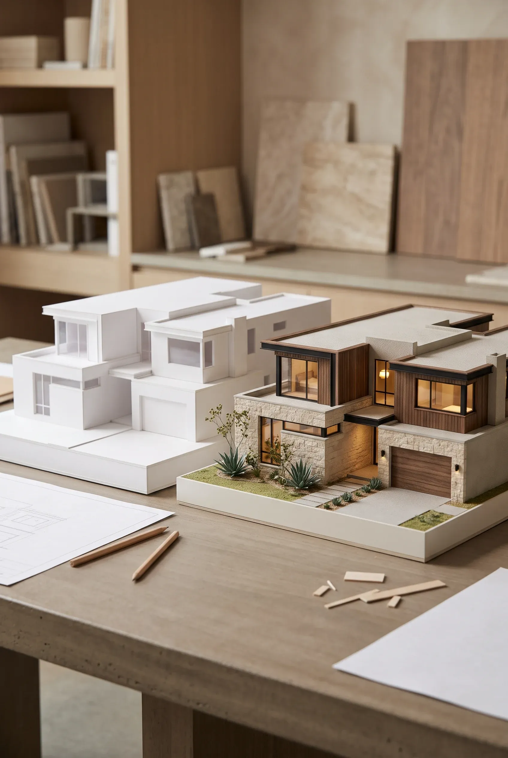 Vista de un espacio de trabajo en estudio de diseño arquitectónico con dos maquetas a escala de residencias modernas de lujo sobre una mesa de madera: una maqueta detallada con revestimiento de piedra apilada, paneles de nogal, iluminación interior cálida y jardín con agaves, junto a una maqueta de estudio monocromática blanca, planos impresos y materiales de modelado, con estanterías de libros, muestras de materiales y losas de piedra natural al fondo, representando la evolución del diseño y la maestría iterativa de RBA Residences en Zapopan.