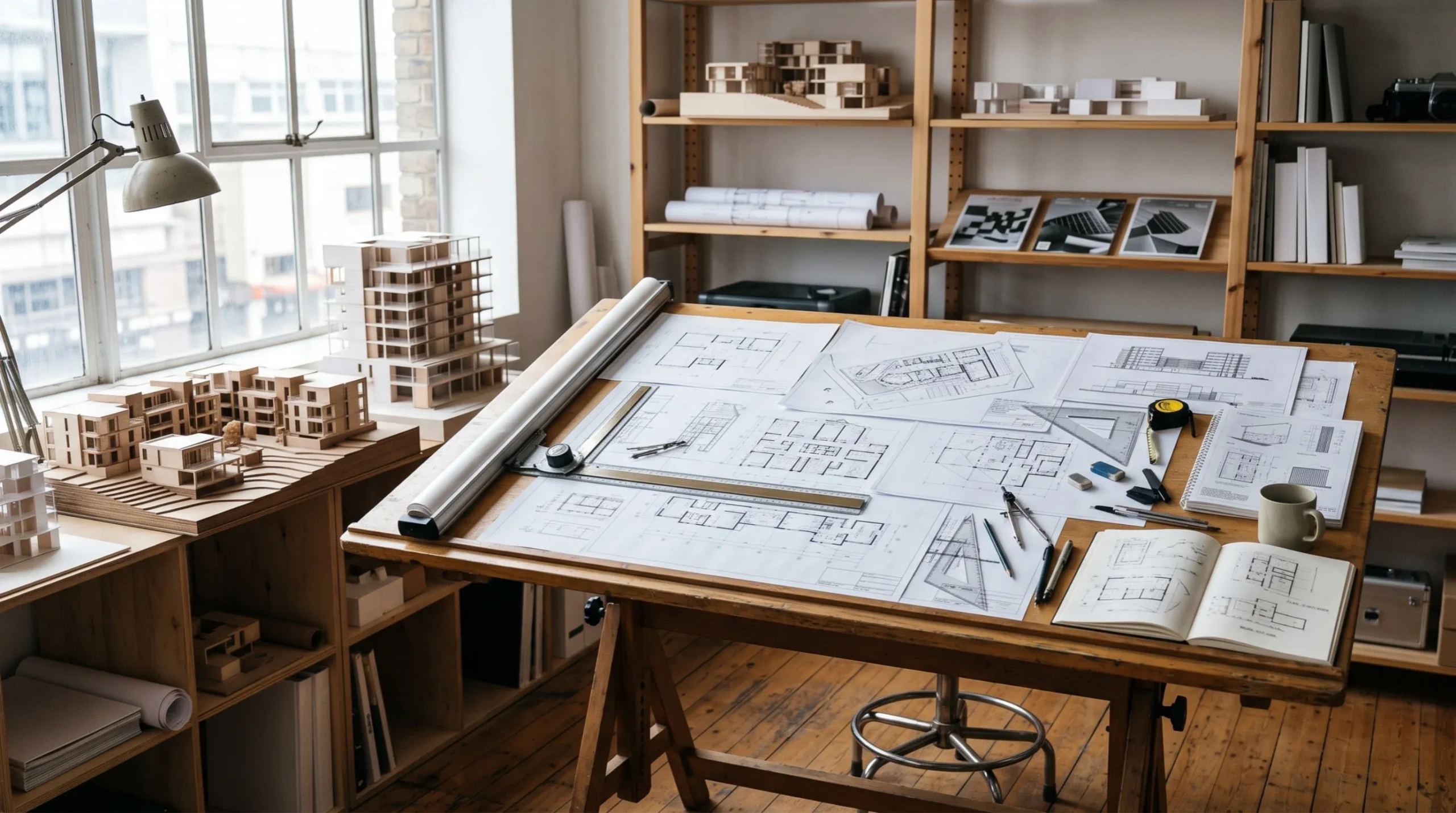 Vista de un espacio de trabajo de diseño arquitectónico con una mesa de dibujo de madera inclinada, cubierta de planos de planta, bocetos técnicos, instrumentos de precisión, cuadernos abiertos y múltiples maquetas arquitectónicas a escala en estanterías, representando la génesis creativa y el rigor en el diseño de RBA Residences en Zapopan.