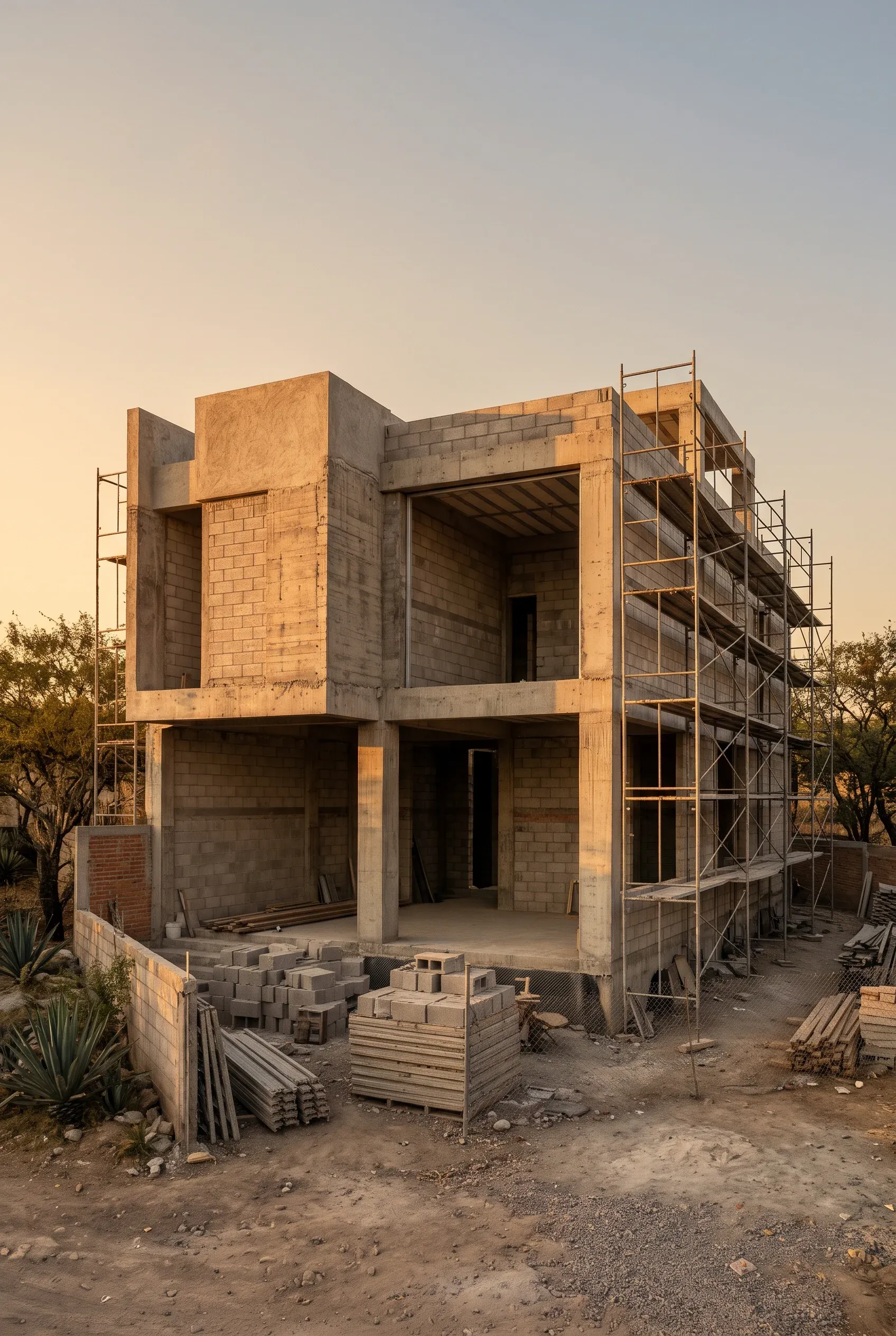 Vista de un edificio residencial moderno de varios niveles en construcción durante la hora dorada, con columnas y vigas de concreto reforzado, muros de bloques, andamios metálicos, pilas de materiales y tablones de madera en el terreno, rodeado de agaves desérticos y árboles bajo la luz cálida del atardecer, representando el progreso organizado y la promesa de una obra maestra de RBA Residences en Zapopan.