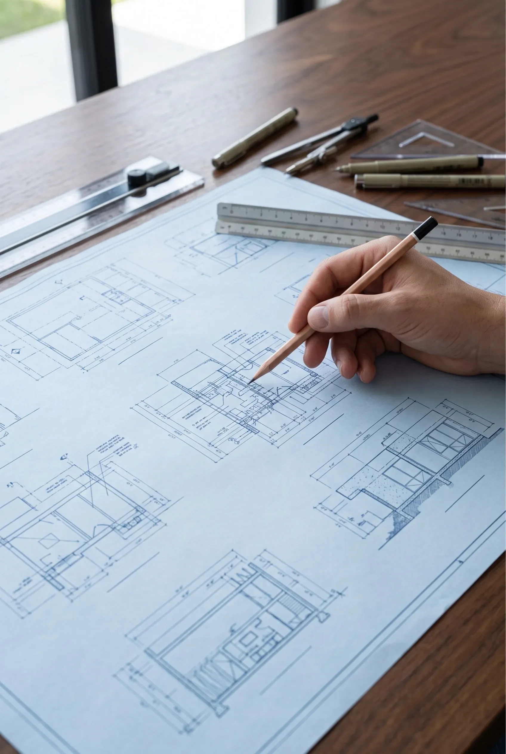 Vista de un arquitecto dibujando planos técnicos de planta y secciones estructurales precisas con un lápiz sobre un escritorio de nogal, representando la maestría técnica y la precisión artesanal en el diseño de RBA Residences en Zapopan.