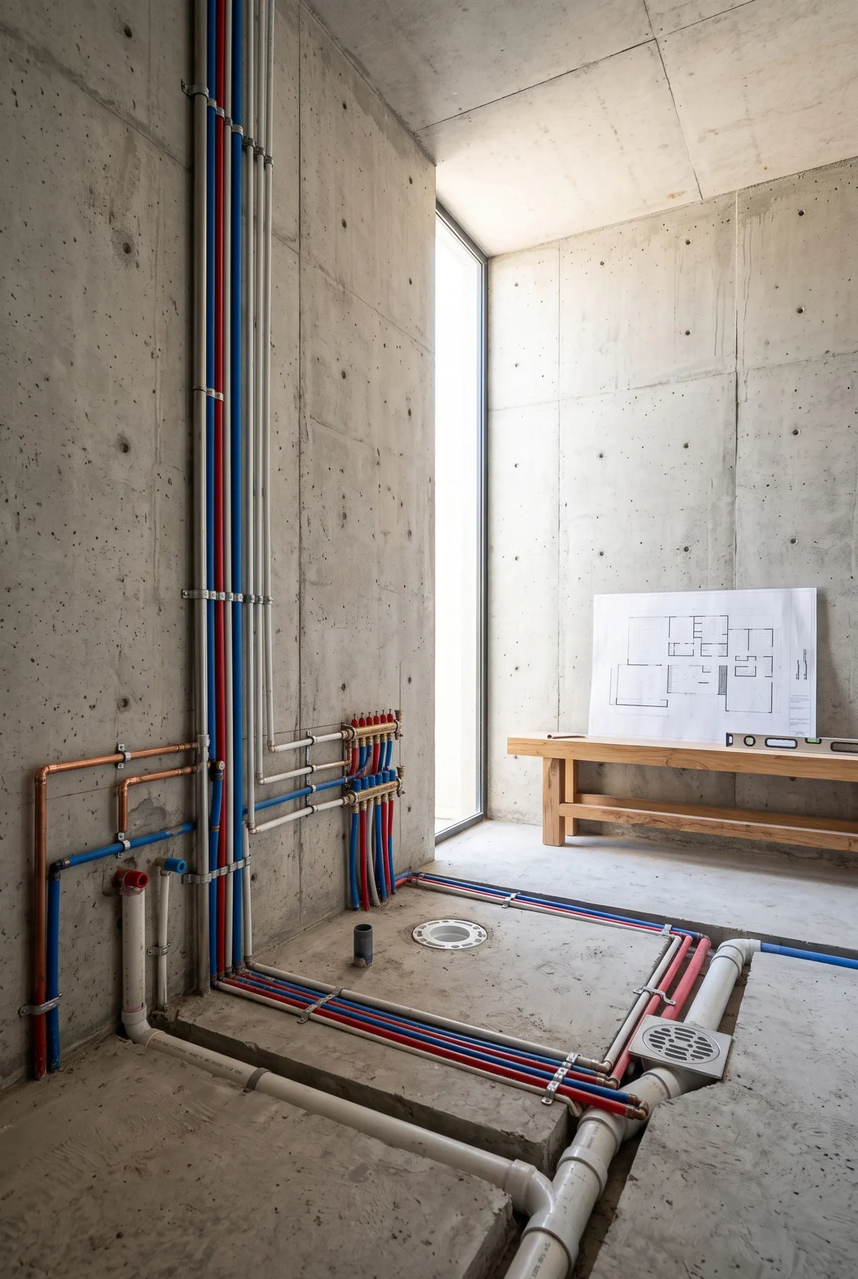 Vista de una fase de instalación MEP expuesta, mostrando tuberías de suministro de plomería montadas en superficie, colectores y drenajes ruteados sistemáticamente a lo largo de muros de concreto aparente con encofrado de madera y canales empotrados en la losa, alineados con el plano de distribución arquitectónico de fondo, representando la transparencia técnica y la ingeniería de instalaciones de RBA Residences en Zapopan.