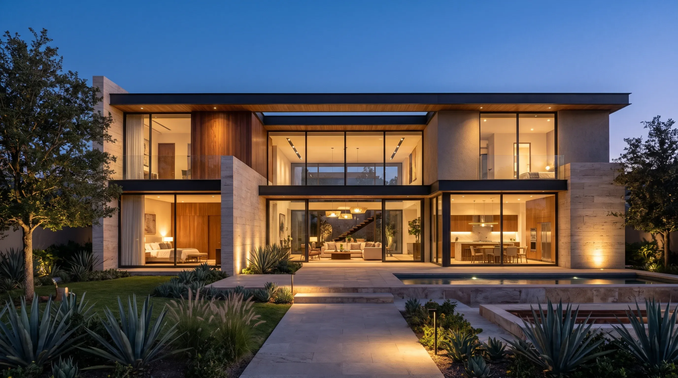 Vista exterior de una villa moderna de lujo de dos niveles al atardecer, con fachada simétrica de estuco beige, pilares de travertino, vigas de acero oscuro y paneles de nogal. Puertas de vidrio revelan interiores iluminados (sala de doble altura, recámara, cocina), con camino de piedra, paisajismo desértico iluminado con agaves y una alberca de borde infinito, representando la simetría arquitectónica y el ambiente crepuscular de RBA Residences en Zapopan.