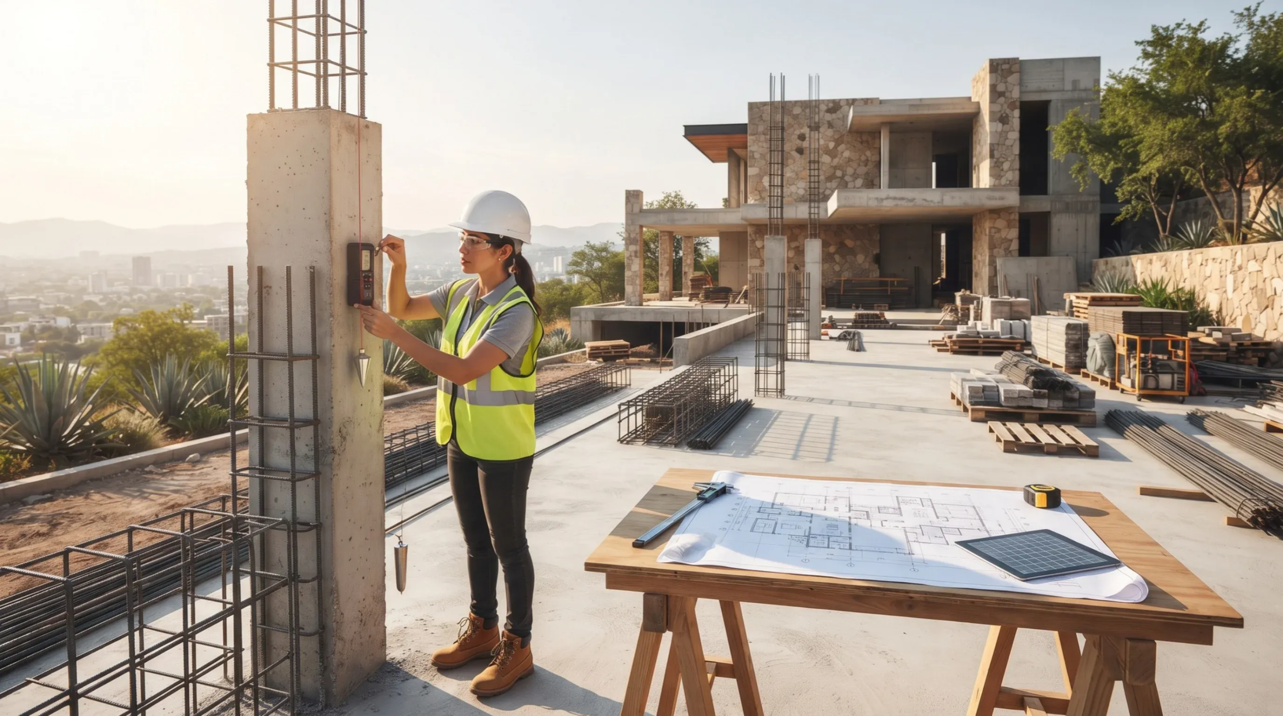Vista de un ingeniero civil con casco de seguridad y chaleco reflectante utilizando una plomada para verificar la alineación vertical de un pilar de concreto en un sitio de construcción residencial, representando la precisión geométrica y el control estructural de RBA Residences en Zapopan.
