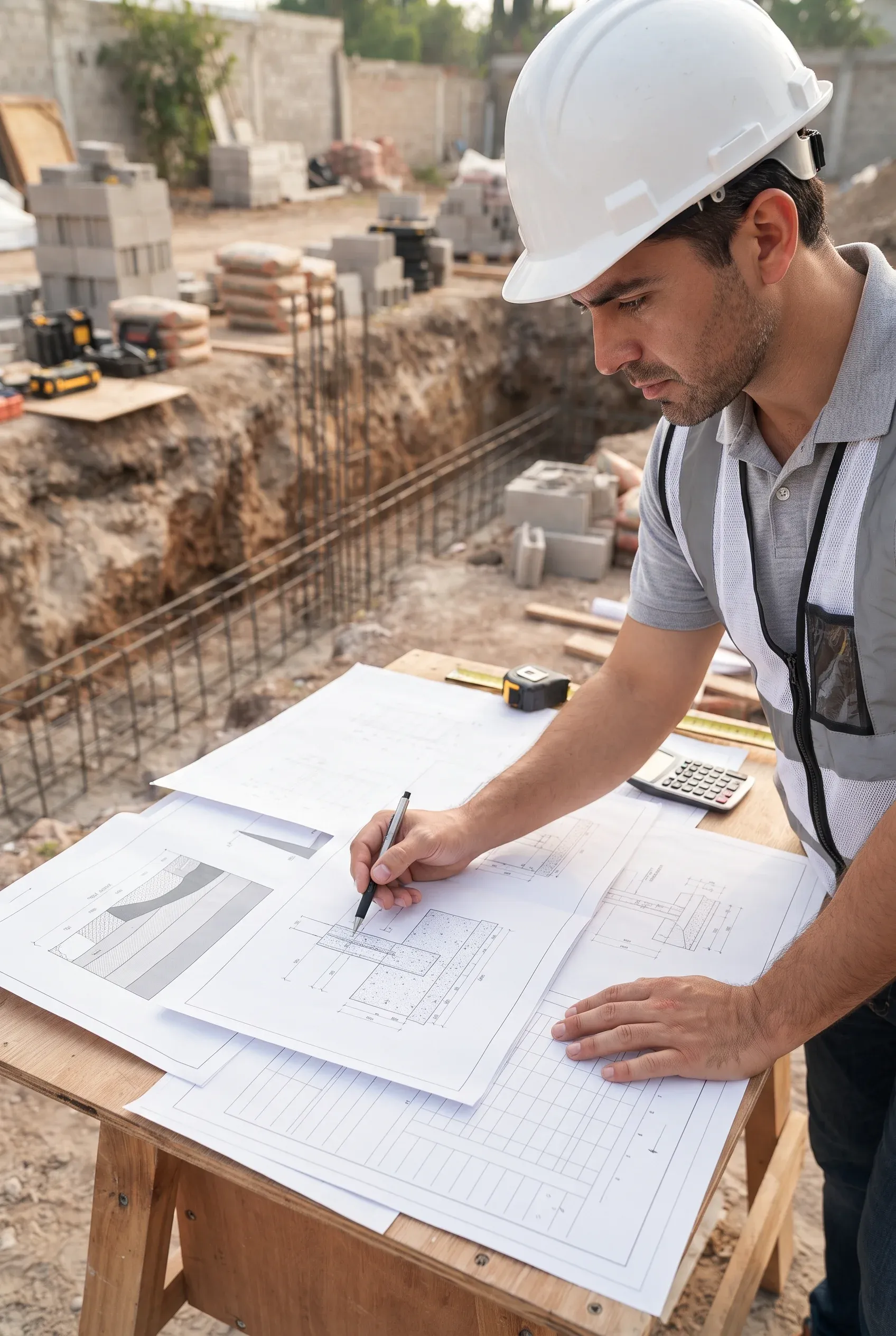 Vista de un ingeniero de obra con casco de seguridad revisando planos técnicos de cimentación sobre una mesa de trabajo de madera en un sitio de construcción activo, con refuerzos de varilla y tierra excavada al fondo, representando la precisión técnica y la validación de la base estructural de RBA Residences en Zapopan.