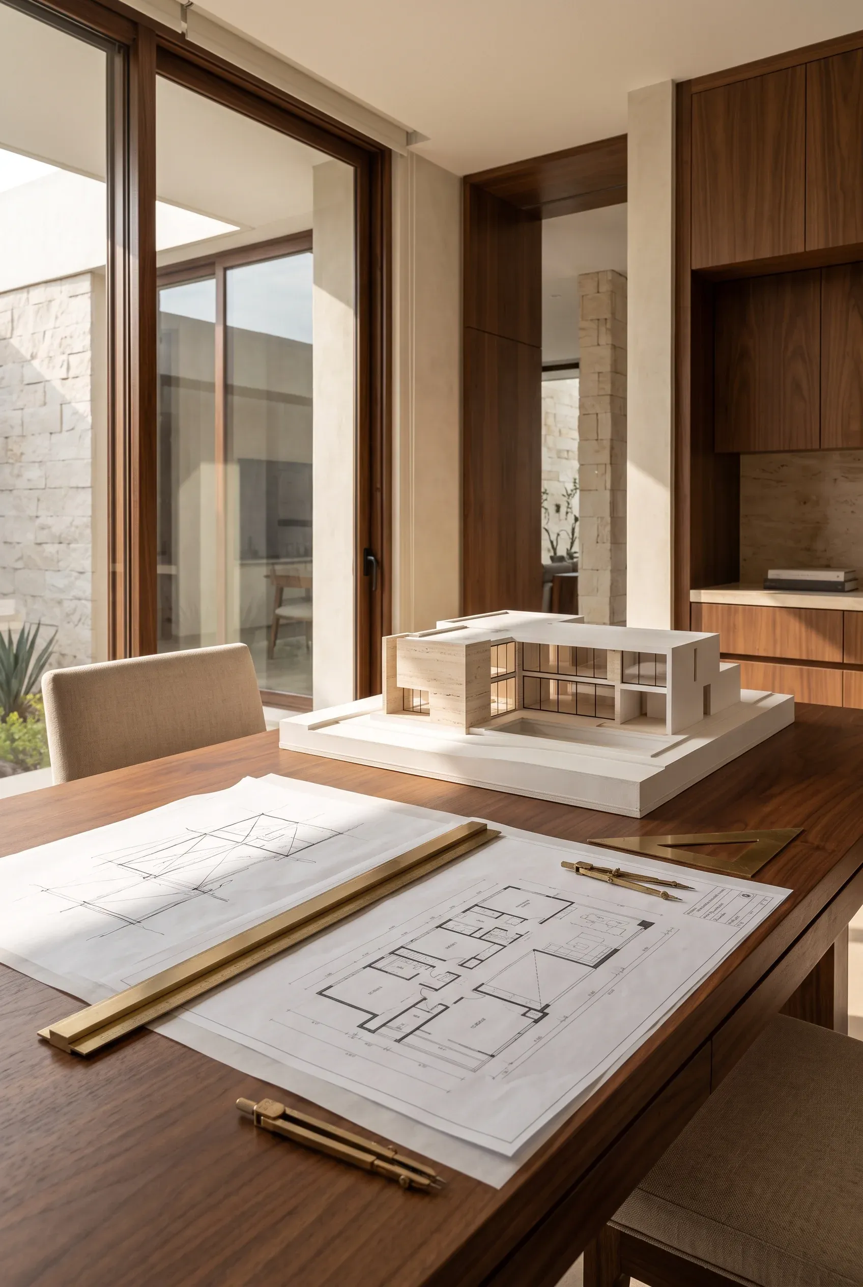 Vista de la finalización de la revisión de detalles técnicos y materiales, con maquetas arquitectónicas a escala, planos de planta, herramientas de dibujo y ebanistería de nogal a medida alineada perfectamente con marcos de ventanas a ras, representando la micro-precisión y la síntesis entre diseño y ejecución de RBA Residences en Zapopan.