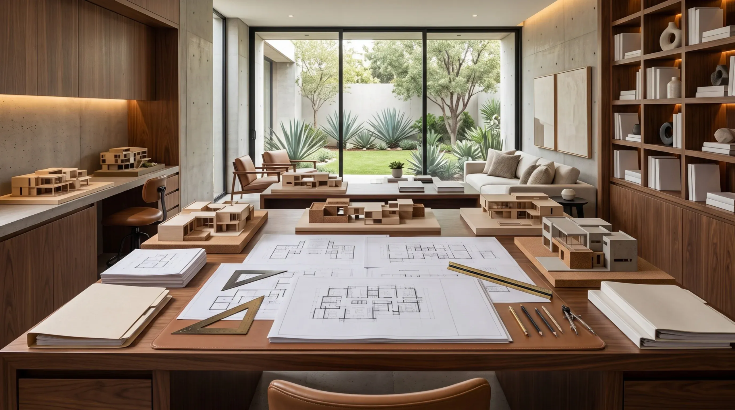 Vista de una estación de trabajo en estudio arquitectónico con maquetas a escala, planos, herramientas de dibujo y ebanistería de nogal frente a una vista al jardín, representando el proceso de diseño biofílico y la creatividad inspirada en la naturaleza de RBA Residences en Zapopan.
