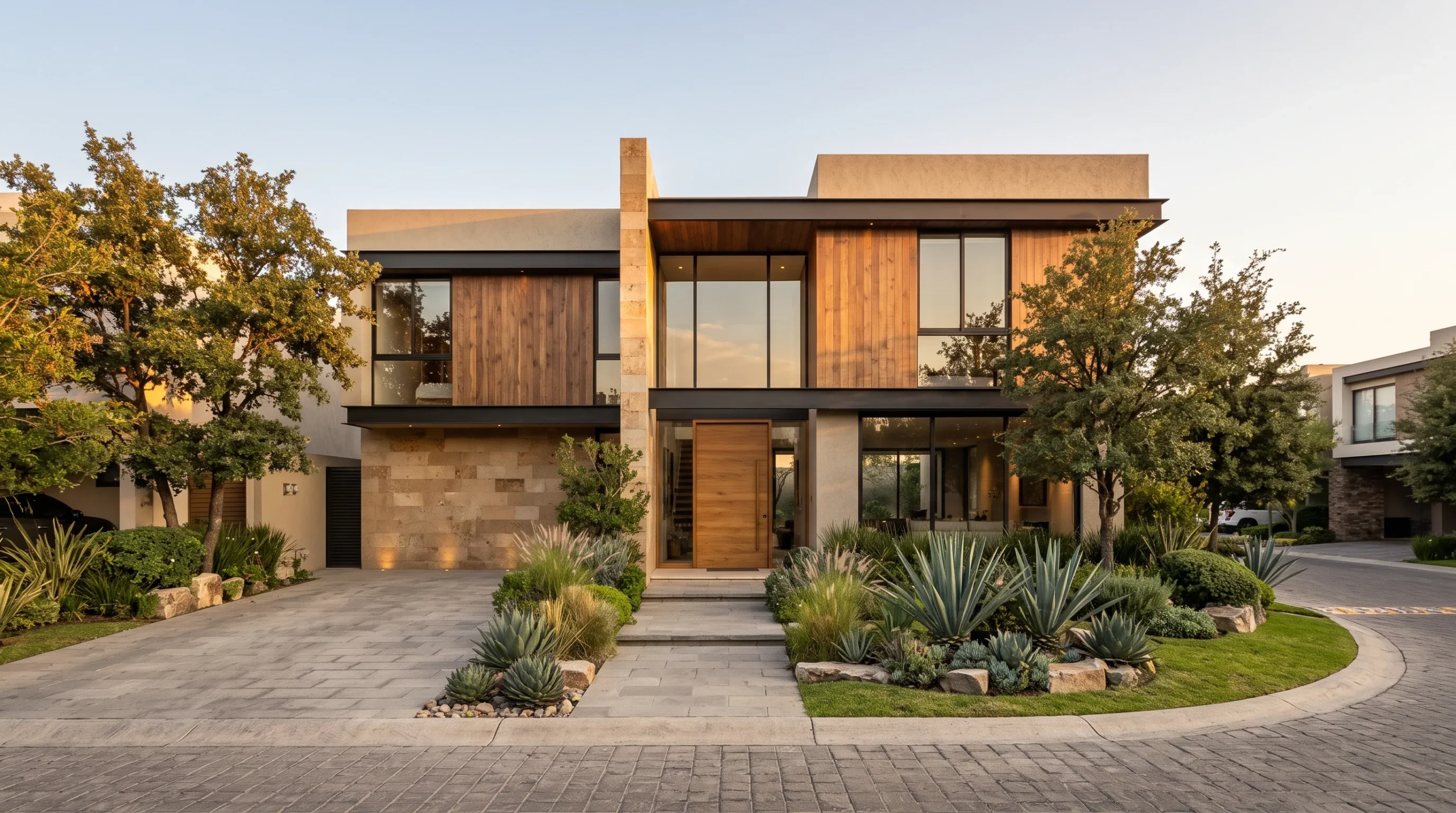 Vista frontal exterior de una residencia moderna de lujo de dos niveles terminada, con revestimiento de madera c&aacute;lida, acabados en piedra natural, ventanales de altura completa y una entrada pavimentada con paisajismo al anochecer, representando la presencia imponente y el prestigio de la fachada de RBA Residences en Zapopan.