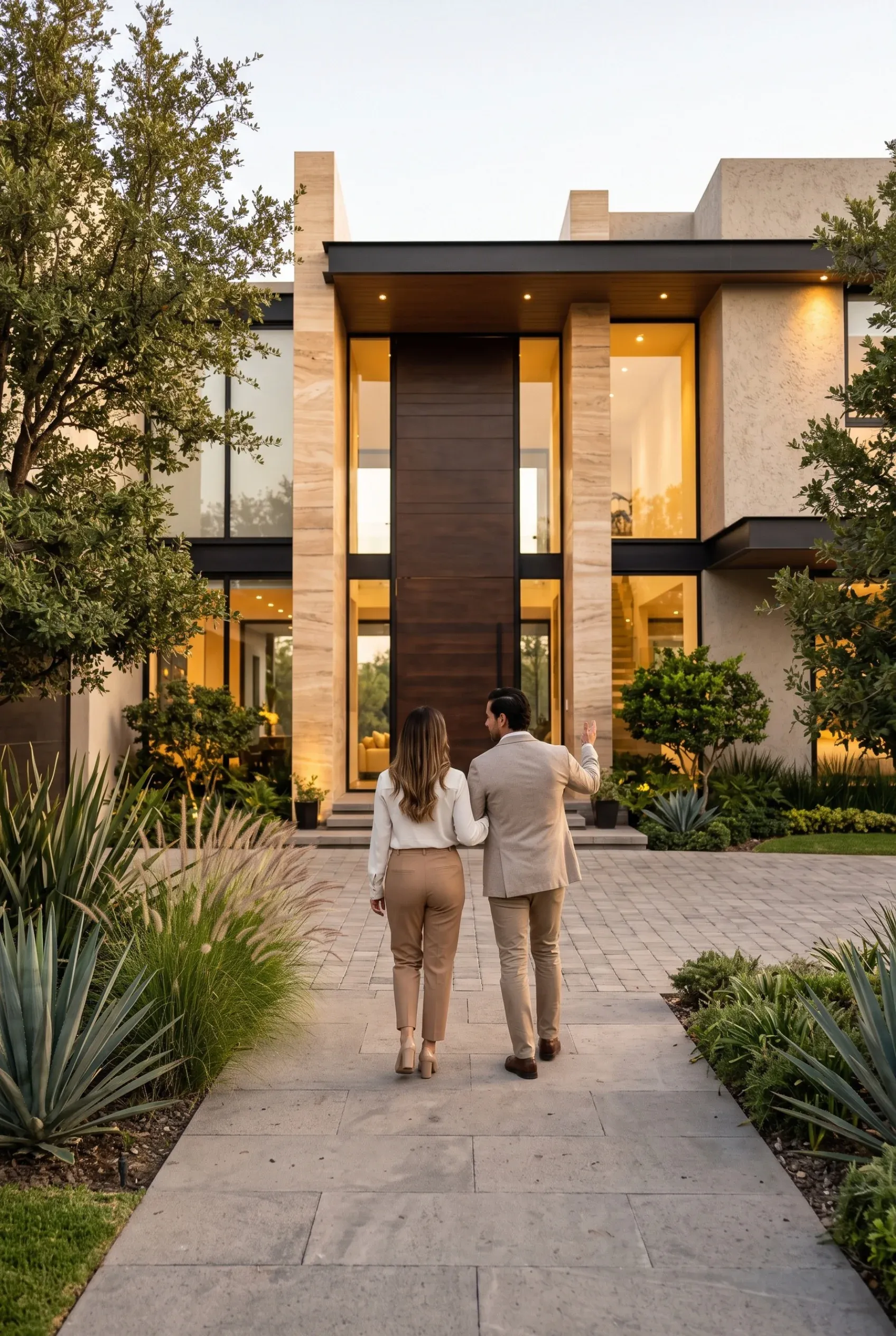 Vista de una pareja caminando hacia la entrada de madera de doble altura de una residencia moderna de lujo al anochecer, representando la escala humana del diseño monumental y la realización del estilo de vida de RBA Residences en Zapopan.