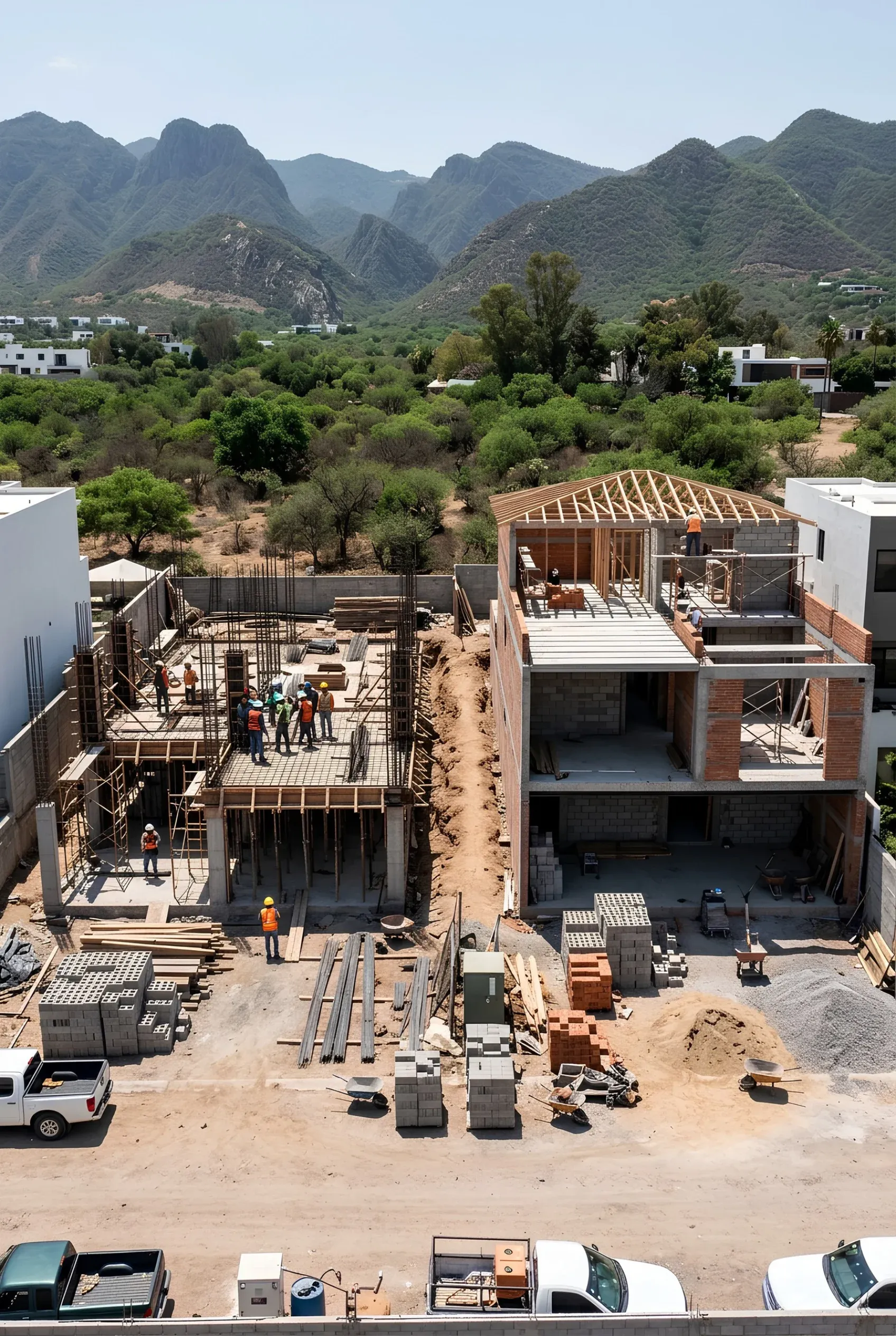 Vista en ángulo alto de sitios de construcción residencial con estructuras de casas de varios niveles y trabajadores, con un imponente fondo de montañas, representando la capacidad de desarrollo a gran escala y la integración paisajística de RBA Residences en Zapopan.