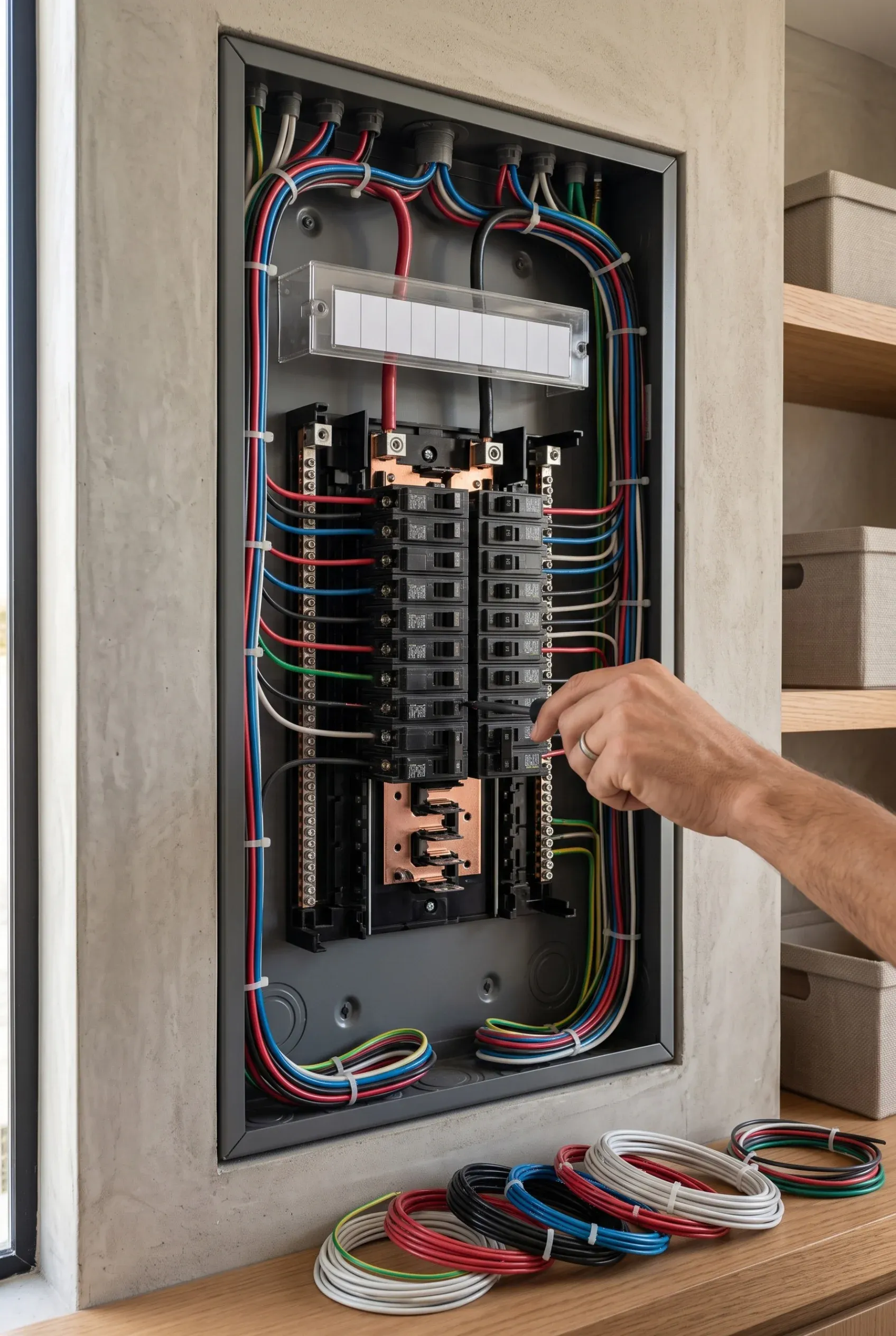 Vista de la instalación de un tablero de distribución eléctrica empotrado con cableado organizado y conductores de repuesto enrollados, representando la seguridad eléctrica, la preparación para domótica y el rigor técnico de RBA Residences en Zapopan.