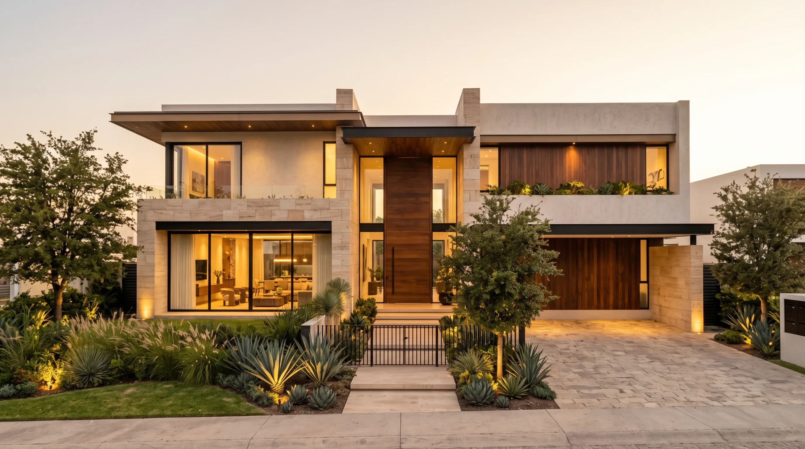 Vista de una residencia moderna de lujo de dos niveles con exterior de cristal iluminado, acentos de madera c&aacute;lida y un acceso principal con jardiner&iacute;a al anochecer, representando la sofisticaci&oacute;n acogedora y la transici&oacute;n elegante de RBA Residences en Zapopan.
