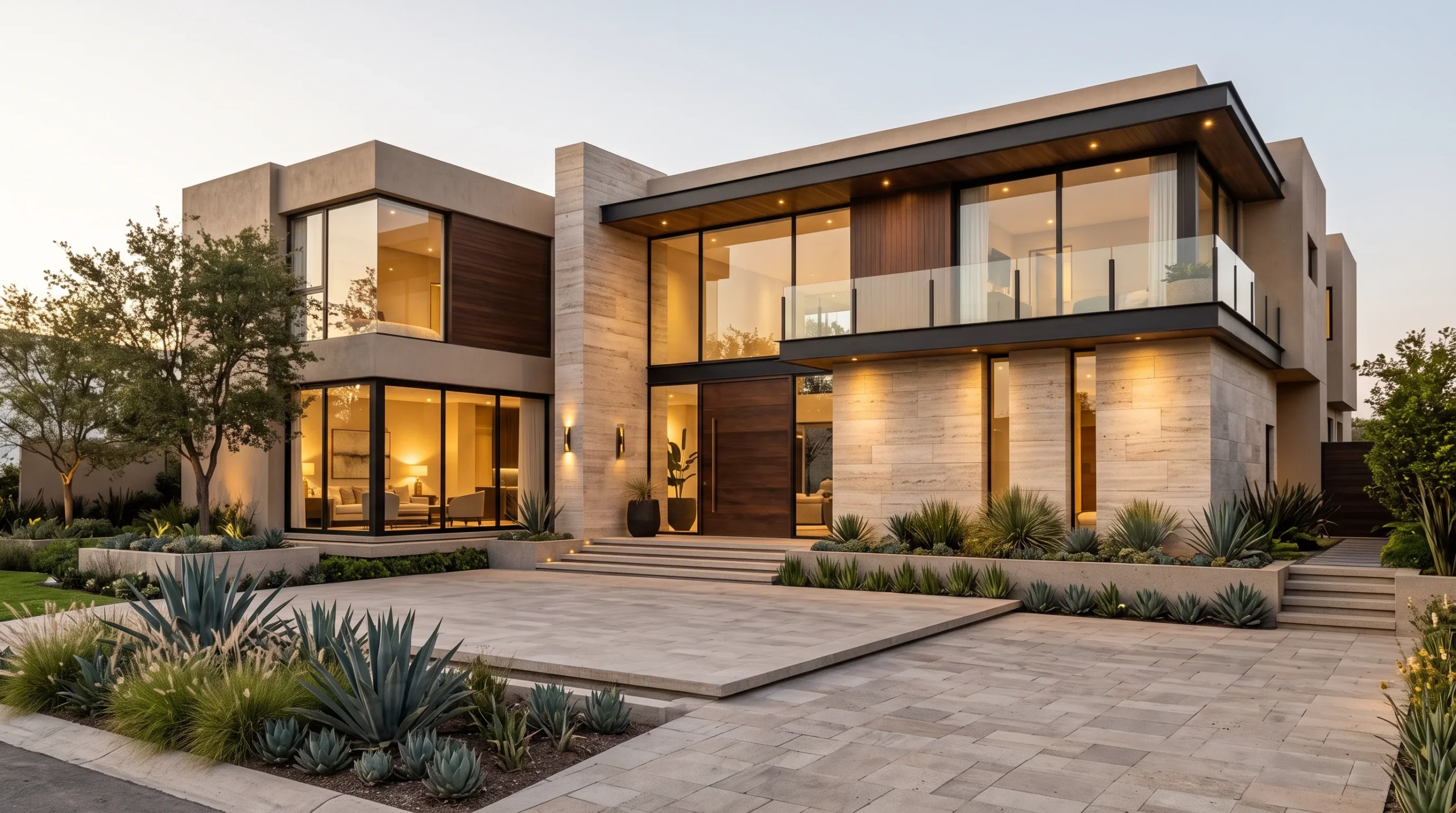 Vista de una residencia moderna de lujo de dos niveles con amplios muros de cristal, acentos de madera cálida, revestimiento de piedra y un acceso pavimentado al anochecer, representando la armonía material y la aproximación premium de RBA Residences en Zapopan.