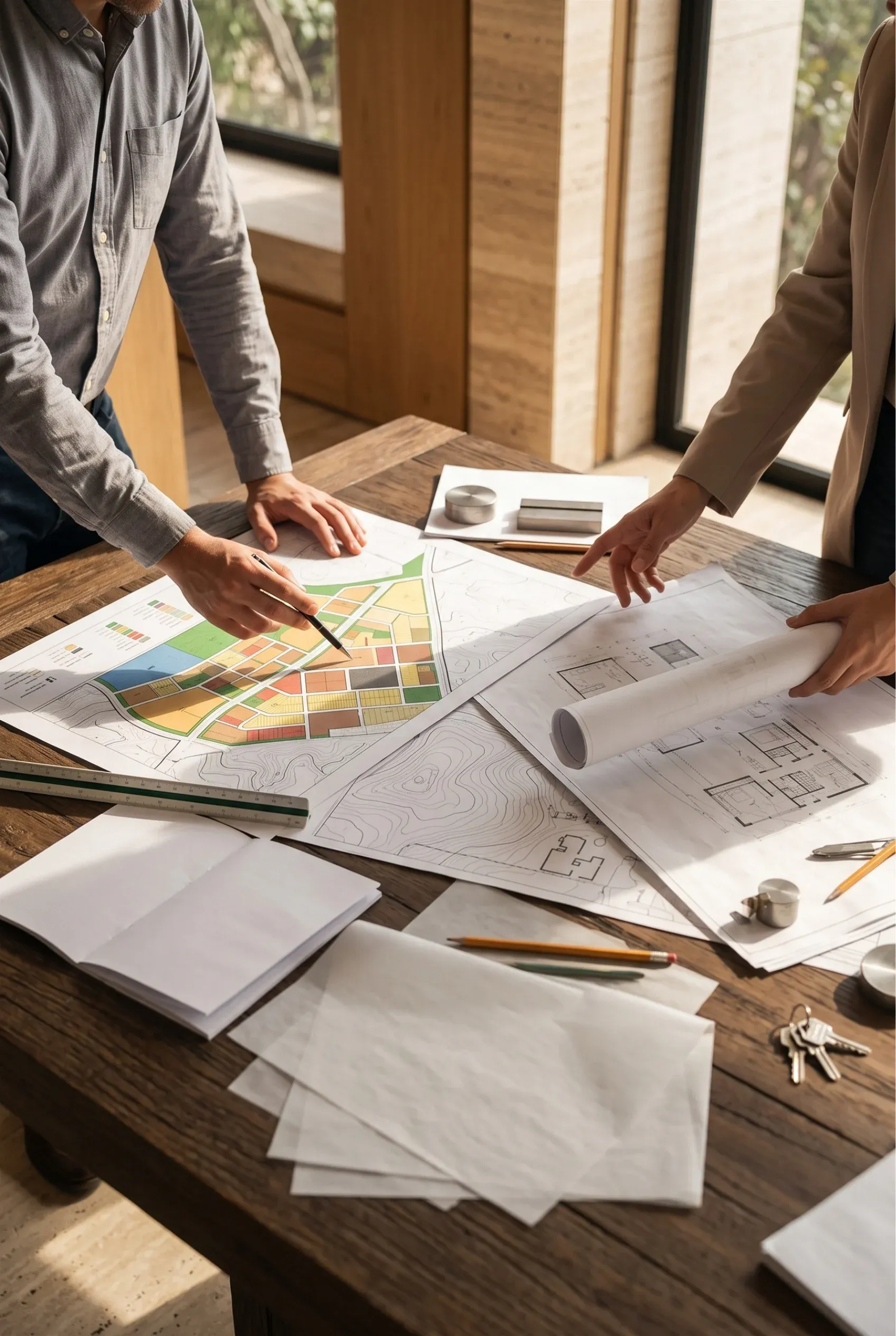 Vista de dos profesionales de pie junto a una mesa de madera, revisando planos de sitio y planos arquitectónicos, representando el análisis colaborativo del terreno y la alineación estratégica del diseño de RBA Residences en Zapopan.