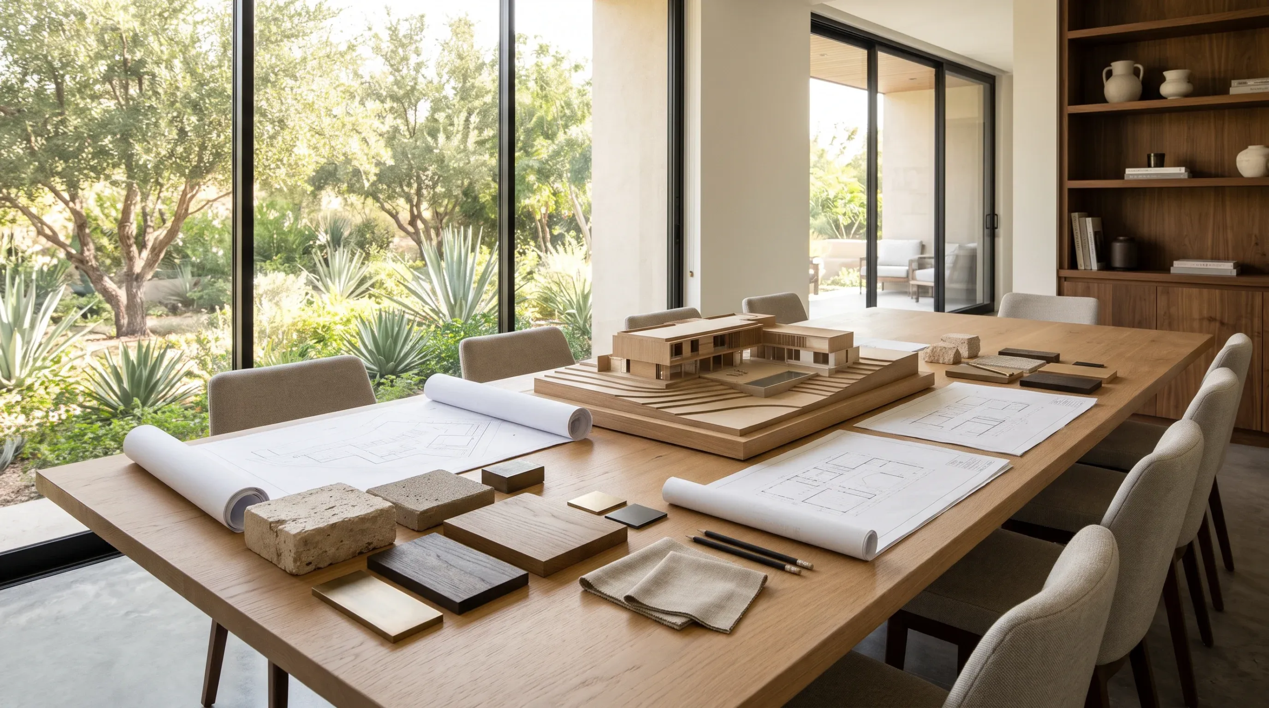 Vista de una mesa de conferencias en un estudio de diseño arquitectónico con planos de sitio detallados, muestras de materiales, bloques de piedra y una maqueta física de madera de una residencia moderna, representando la síntesis del diseño táctil y la visión holística de RBA Residences en Zapopan.