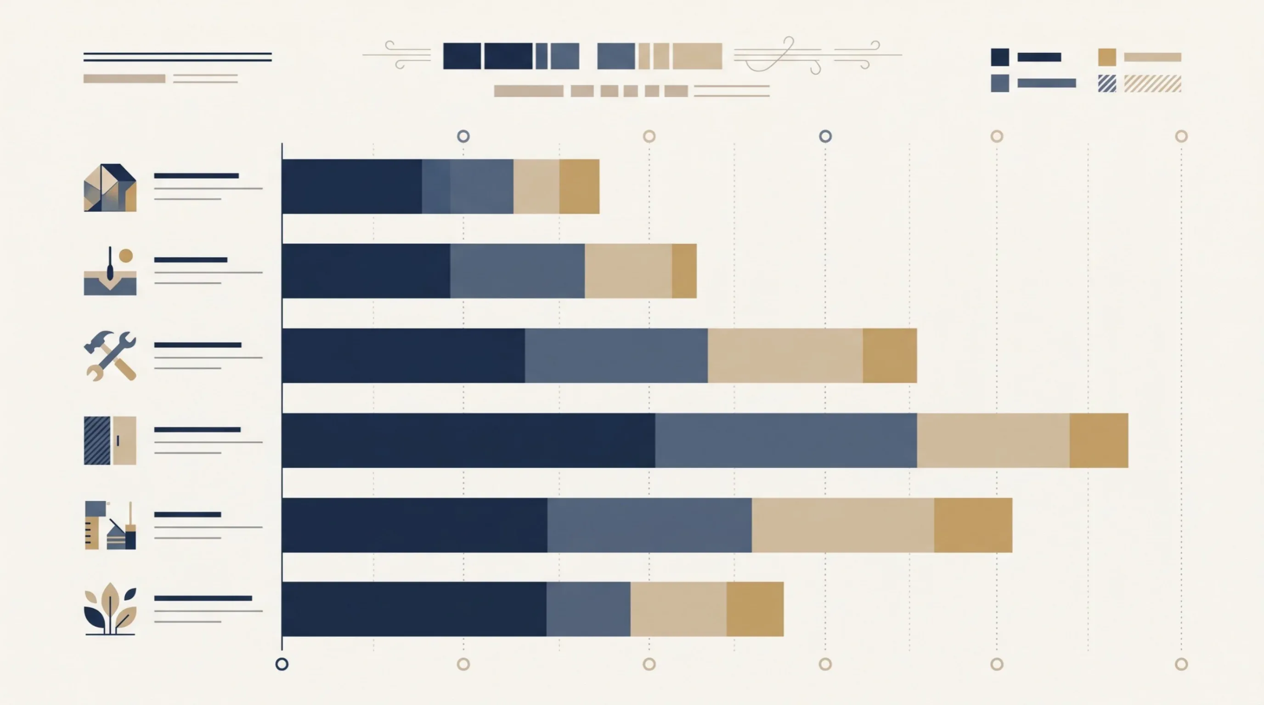Vista de un gráfico de barras horizontales que ilustra métricas de proyecto y desgloses por categoría con íconos acompañantes, representando la gestión basada en datos, el seguimiento de indicadores y la transparencia medible de RBA Residences en Zapopan.