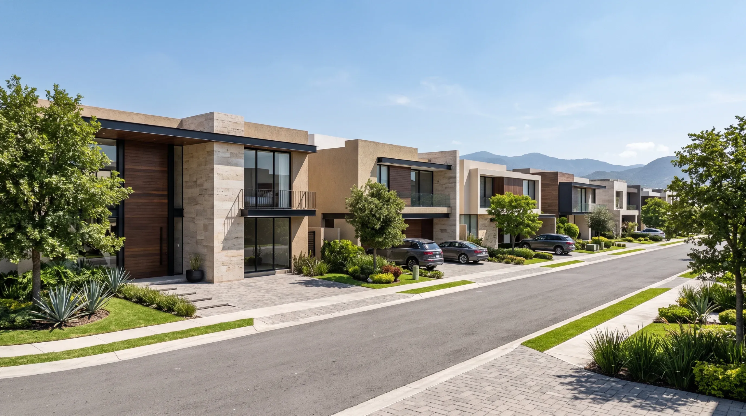 Vista de una hilera de casas de lujo modernas de dos niveles a lo largo de una calle residencial impecable, con jardines paisajísticos, automóviles estacionados y montañas al fondo, representando la cohesión arquitectónica y el prestigio del vecindario de RBA Residences en Zapopan.