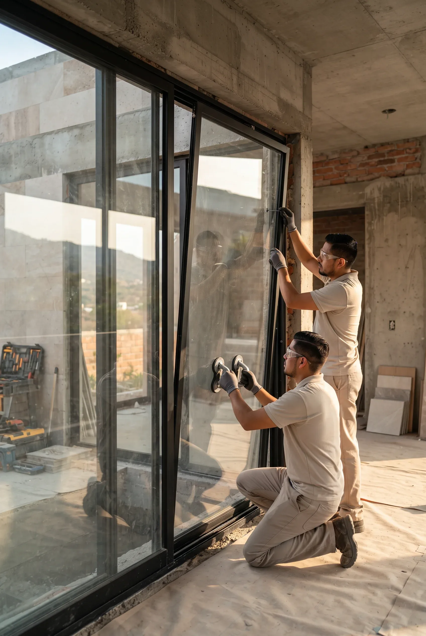 Vista de dos instaladores ajustando cuidadosamente un panel de puerta corrediza de vidrio de gran formato en un marco de metal negro en un sitio de construcción, utilizando ventosas de elevación de alta resistencia, representando la instalación de precisión y la integración sin costuras de RBA Residences en Zapopan.