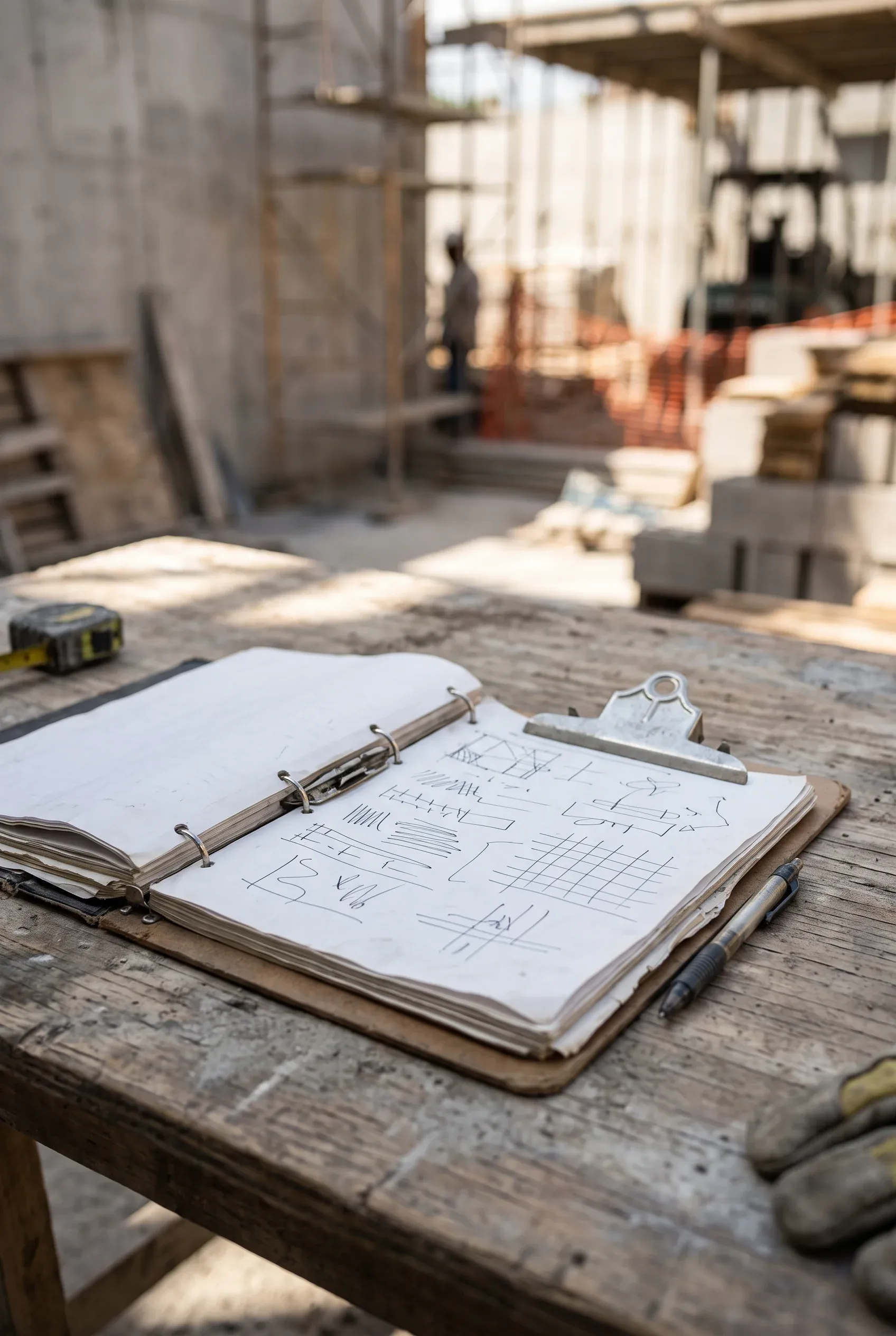 Vista de primer plano de un folder abierto en un portapapeles metálico con bocetos técnicos dibujados a mano, diagramas y anotaciones, sobre un banco de trabajo de madera desgastada junto a una pluma, cinta métrica y guantes de trabajo, con un fondo de sitio de construcción activo desenfocado, representando la precisión técnica en campo y la artesanía constructiva de RBA Residences en Zapopan.