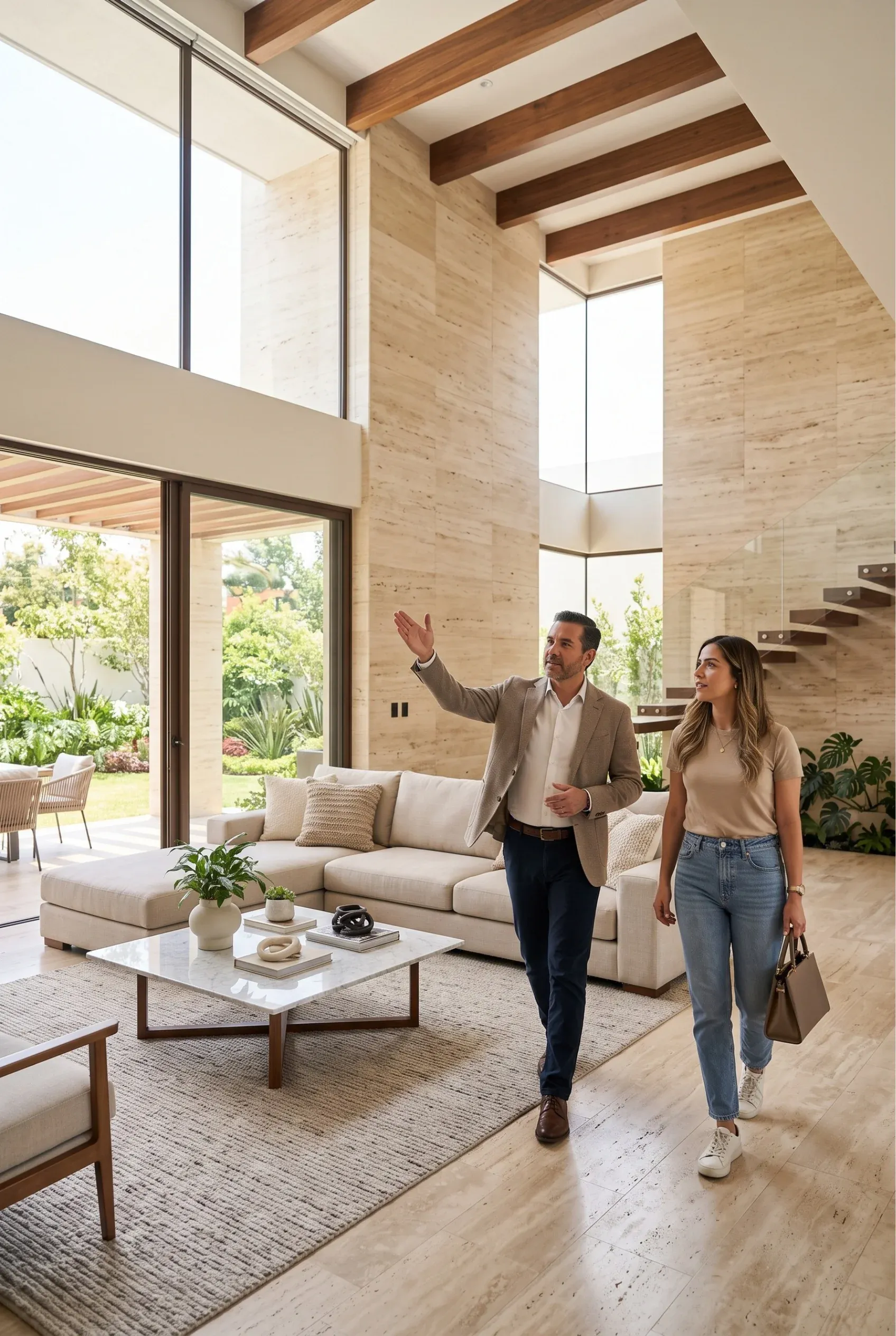Vista de un asesor especializado guiando a un cliente en el recorrido de una espaciosa residencia de lujo moderna con techos altos y grandes ventanales de cristal, representando la entrega experiencial y la materialización de la visión arquitectónica de RBA Residences en Zapopan.