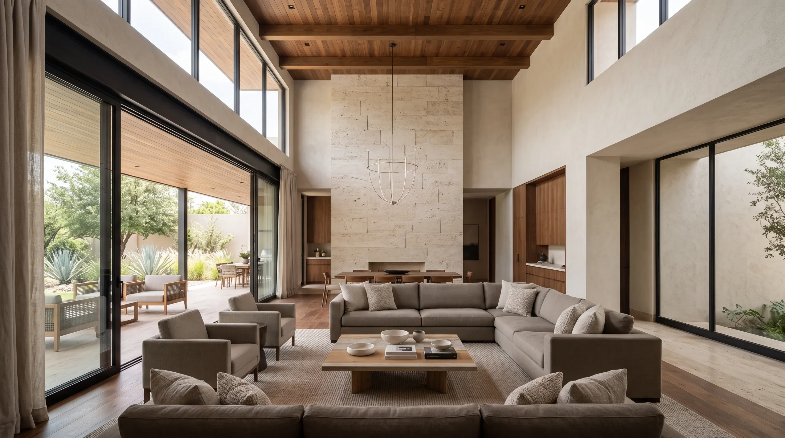 Vista de una espaciosa sala de estar de doble altura con chimenea de piedra, techo con vigas de madera expuestas, asientos seccionales neutros y puertas corredizas de vidrio que se abren a un patio exterior, representando el anclaje arquitectónico y el flujo de entretenimiento de RBA Residences en Zapopan.