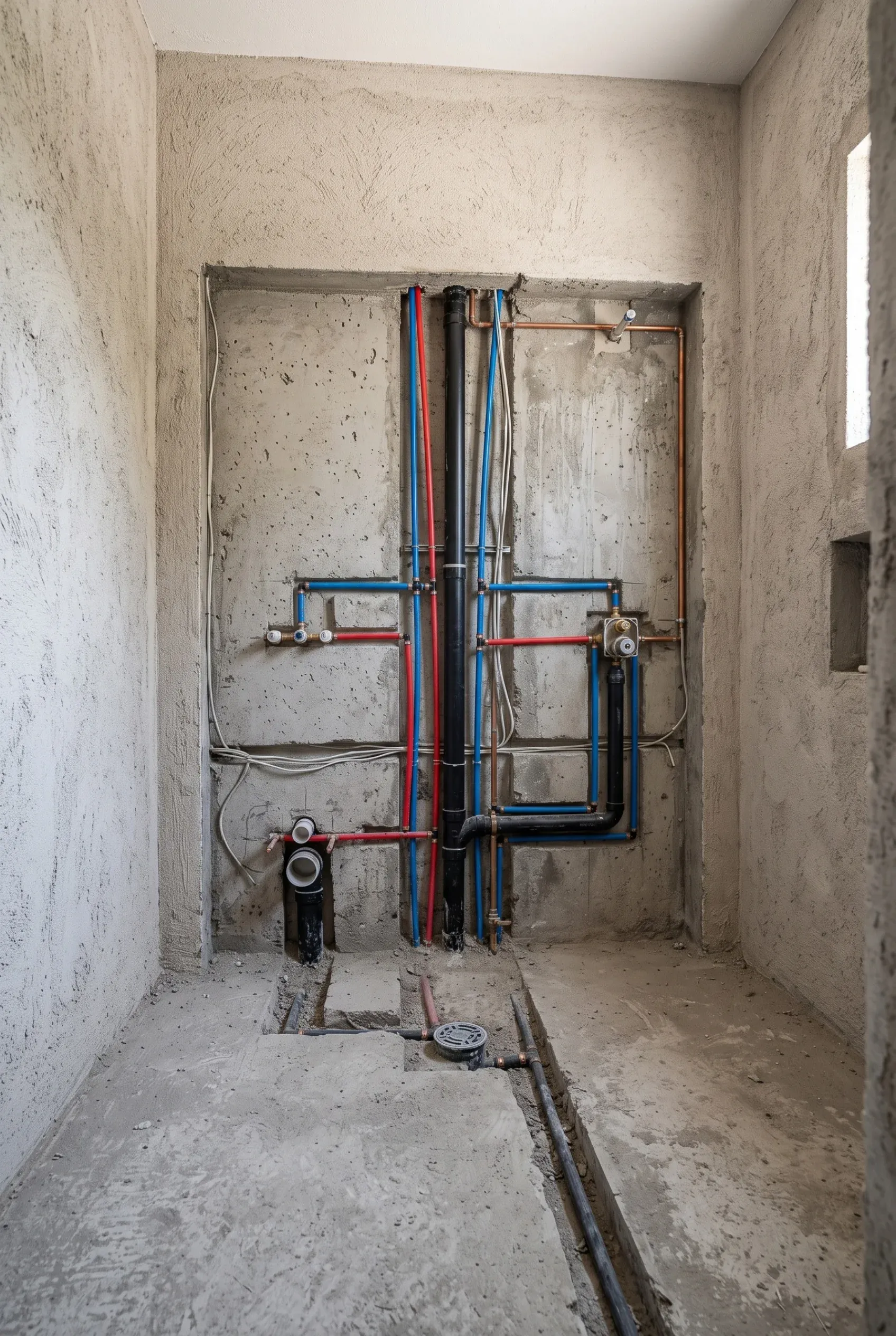 Vista de una instalación de plomería en bruto (rough-in) con líneas de suministro, tuberías de drenaje y válvula de regadera empotrada en un muro de concreto, representando la ingeniería hidráulica invisible y el control de calidad de RBA Residences en Zapopan.