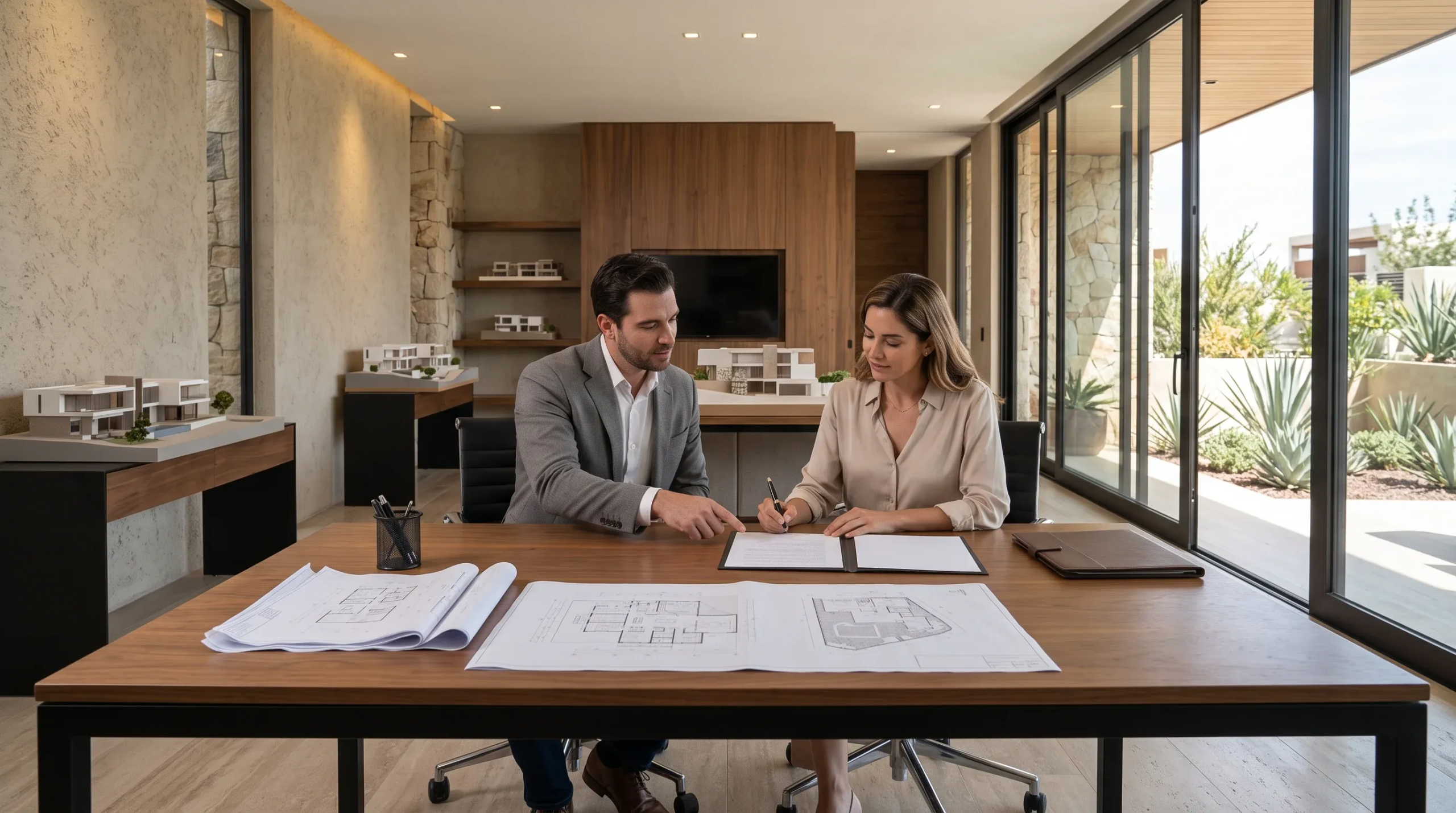 Vista de un cliente firmando un contrato sobre planos arquitect&oacute;nicos en un estudio de dise&ntilde;o contempor&aacute;neo, representando el inicio formal del proyecto, la confianza absoluta y el compromiso de RBA Residences en Zapopan.