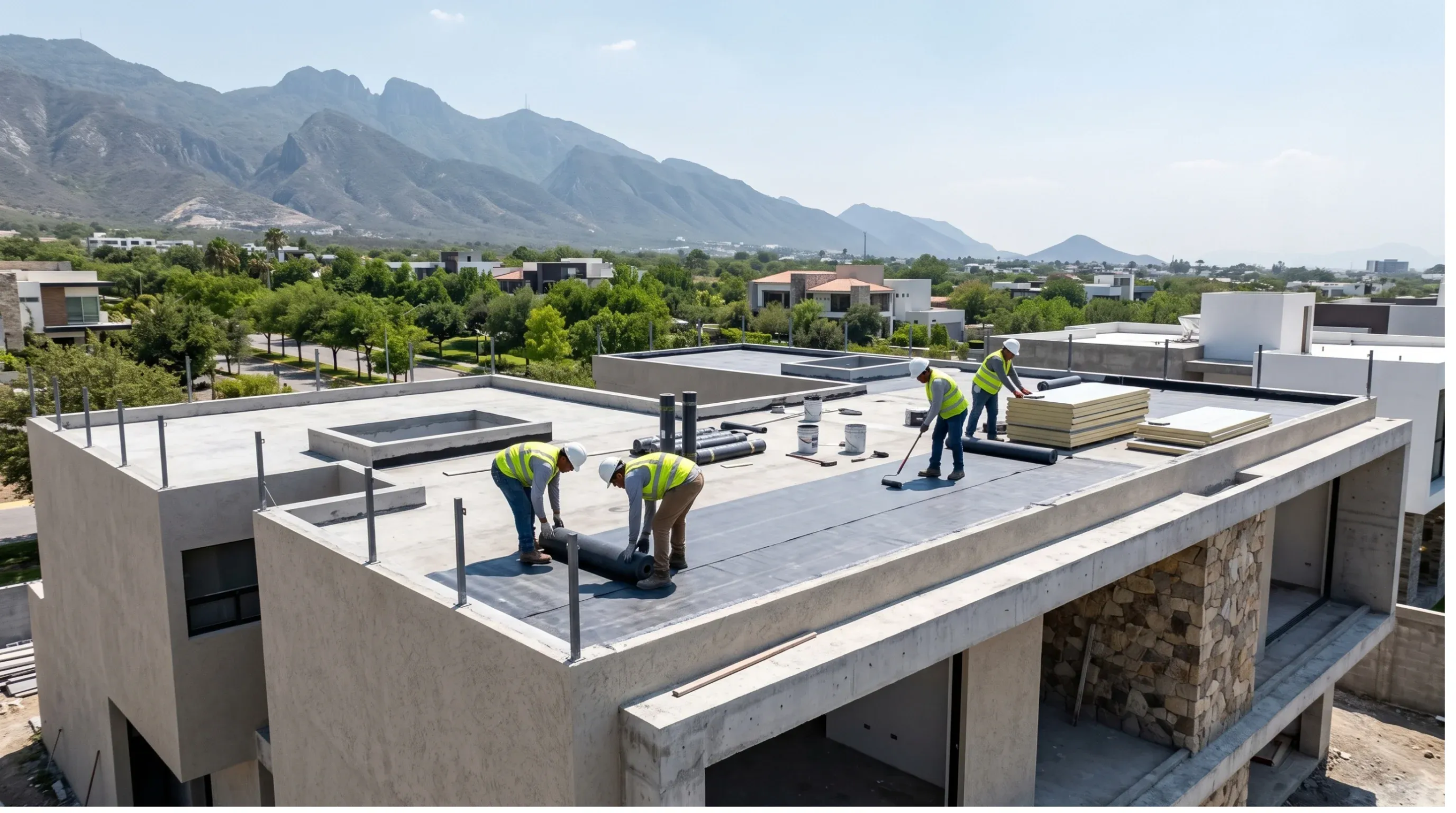 Vista de trabajadores de la construcción con chalecos reflectantes aplicando rollos de impermeabilización y paneles de aislamiento en la azotea plana de concreto de una residencia moderna en construcción. La vista elevada contempla propiedades residenciales circundantes, árboles frondosos y una cadena montañosa al fondo, representando la eficiencia térmica y la protección integral del edificio de RBA Residences en Zapopan.
