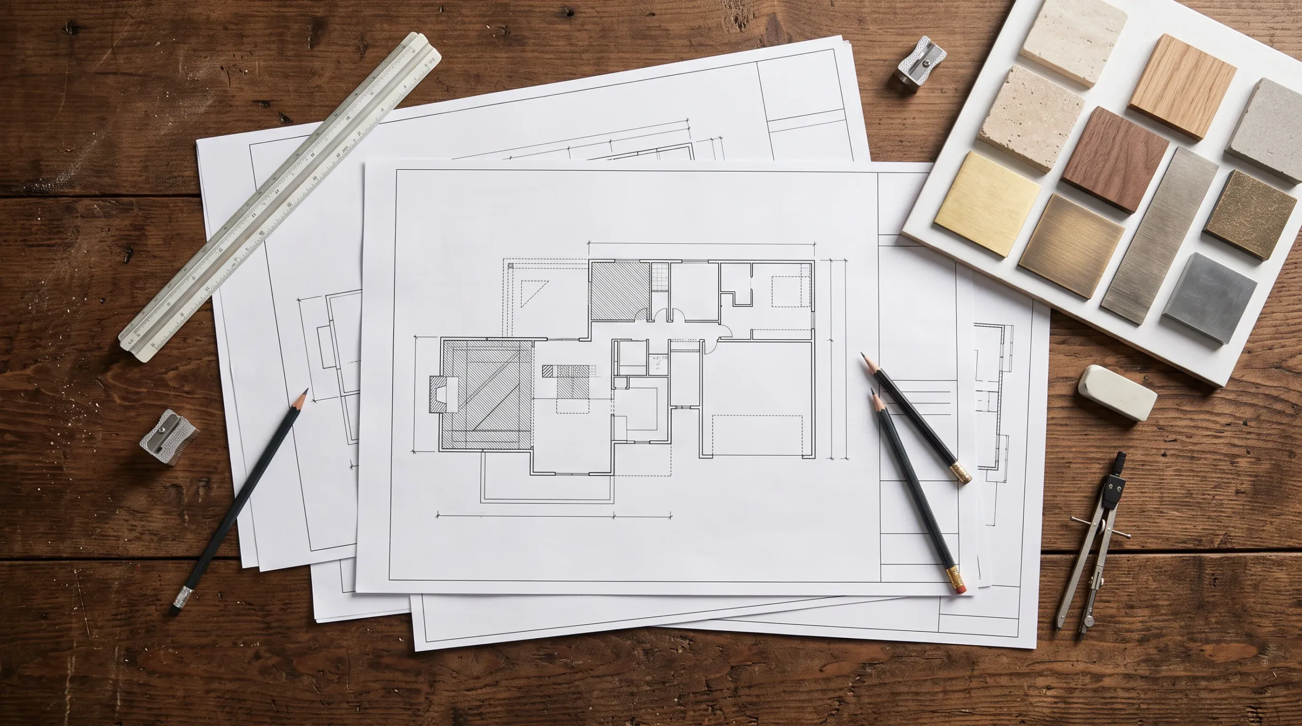Vista de planos arquitectónicos organizados sobre una mesa de madera con lápices de dibujo, una escala de arquitecto, un compás y una paleta ordenada de muestras de materiales y acabados, representando la planificación intencional y la curaduría armónica de RBA Residences en Zapopan.