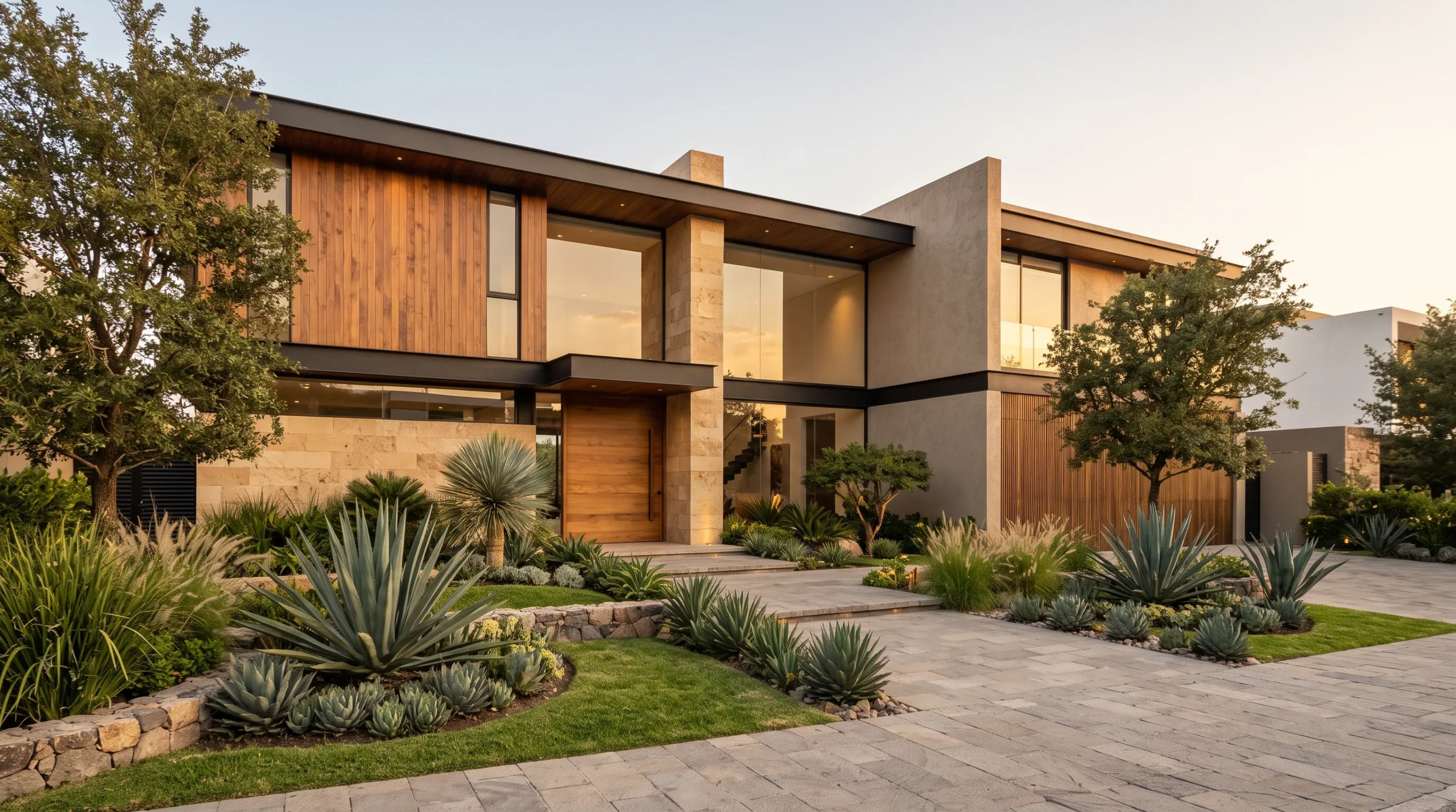 Vista frontal exterior de una residencia moderna de lujo de dos niveles con revestimiento de madera, acabados en piedra, ventanales de piso a techo y pavimentaci&oacute;n paisaj&iacute;stica al anochecer, representando la est&eacute;tica atemporal y la integraci&oacute;n natural de RBA Residences en Zapopan.