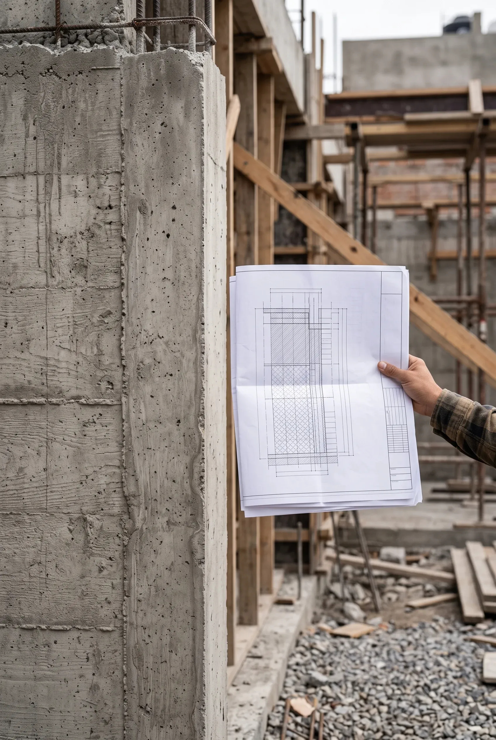 Vista en primera persona de una mano sosteniendo planos arquitectónicos con secciones estructurales detalladas frente a un pilar de concreto texturizado en una obra activa con encofrado de madera, representando el control de calidad inmersivo y la validación estructural directa de RBA Residences en Zapopan.