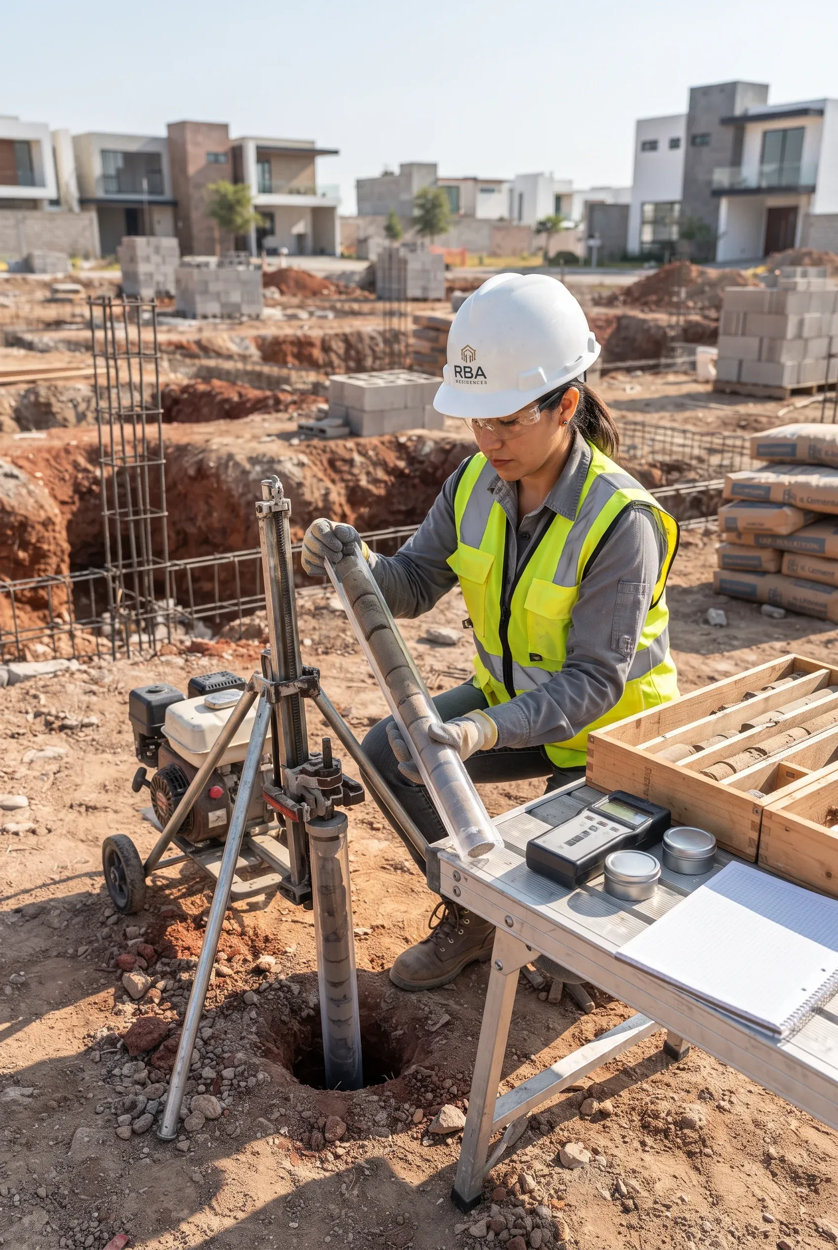 Vista de un ingeniero geotécnico con casco blanco de RBA Residences inspeccionando una muestra de núcleo de suelo extraída de una perforadora portátil en un sitio de construcción residencial activo, representando la precisión geotécnica y el análisis del subsuelo de RBA Residences en Zapopan.