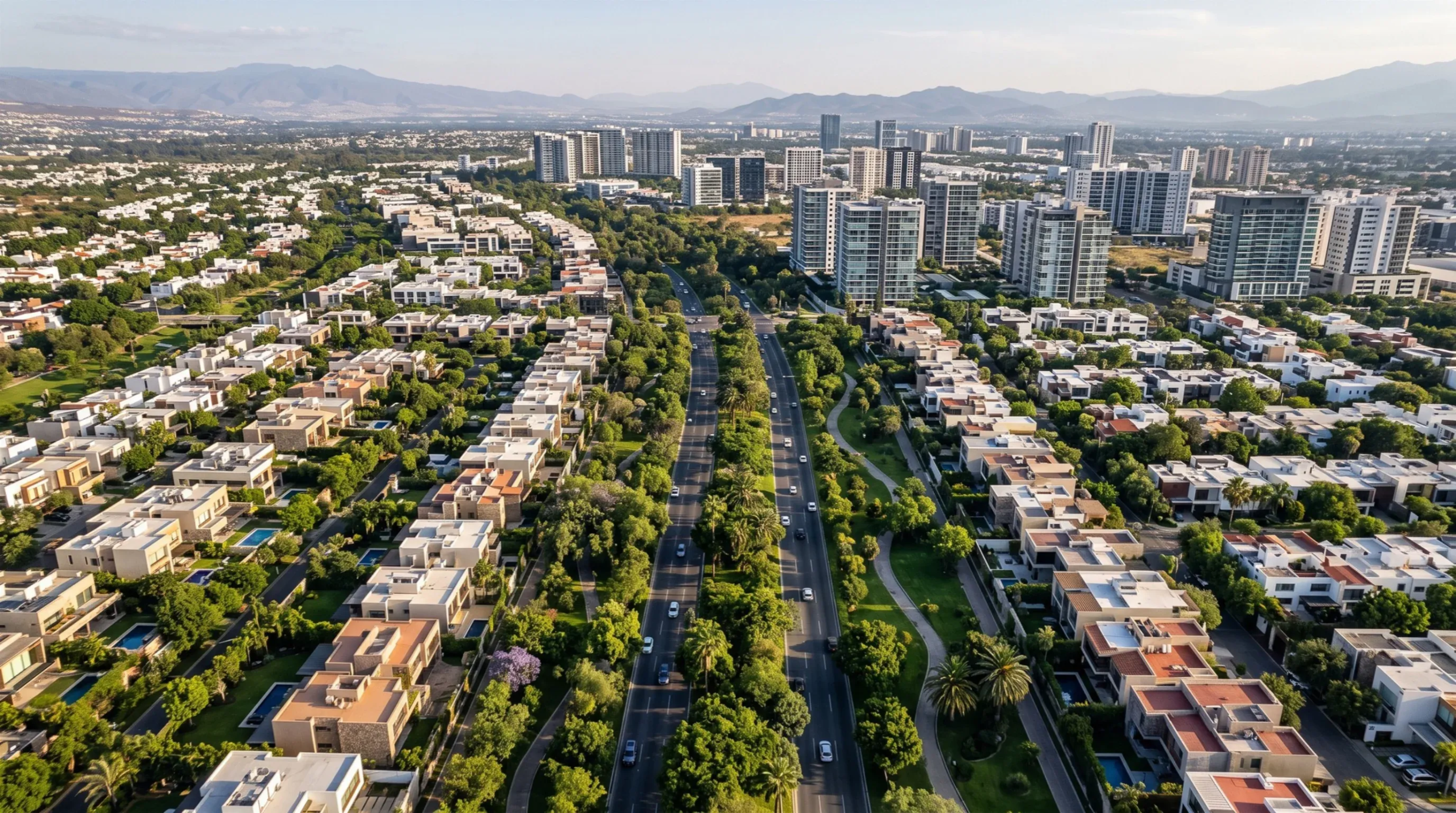 Vista aérea de un paisaje urbano con desarrollos residenciales, una autopista de varios carriles y edificios de gran altura contra un fondo de montañas a la distancia, representando la conectividad estratégica y la ubicación privilegiada de RBA Residences en Zapopan.