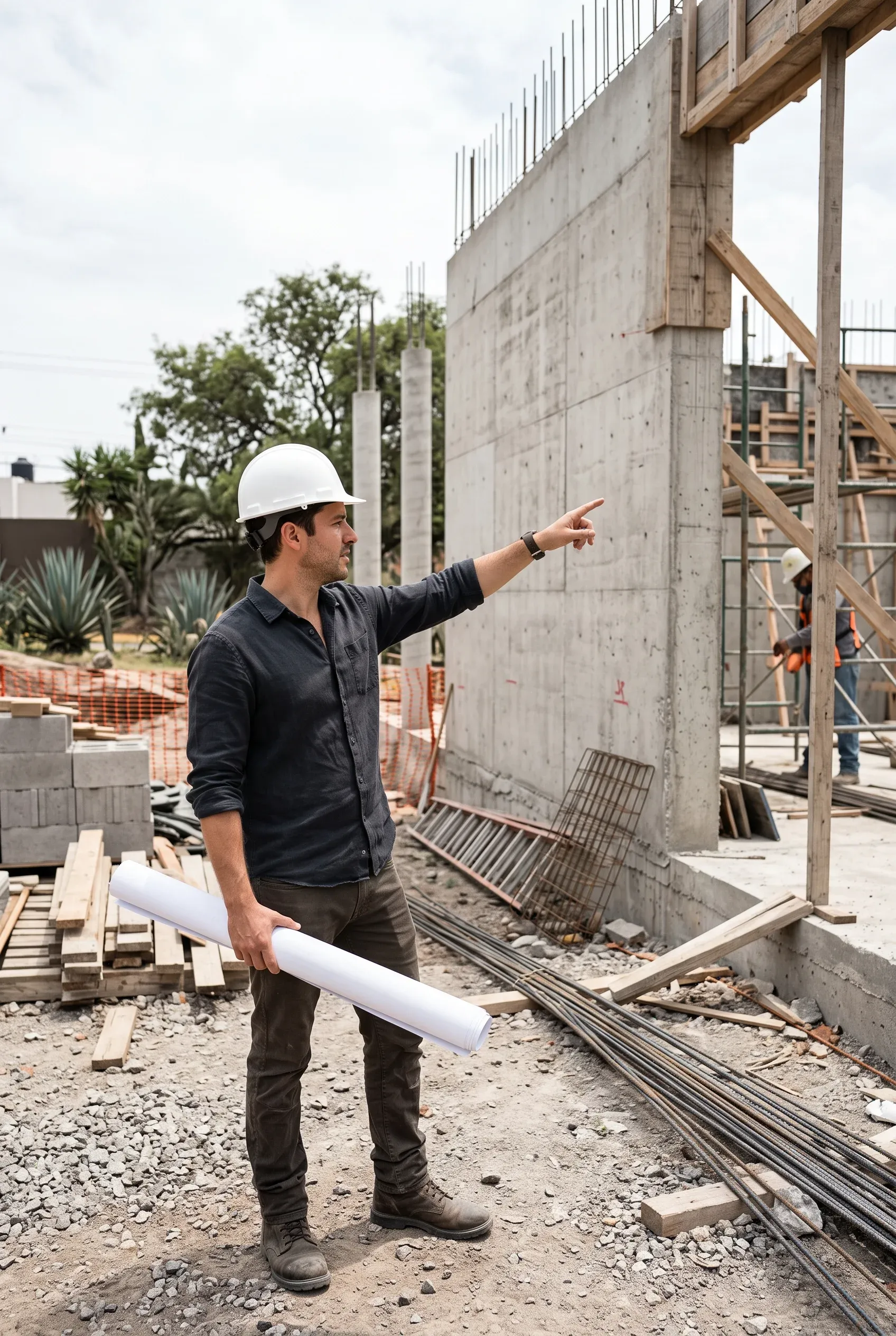 Vista de un ingeniero o gerente de sitio con casco blanco y camisa, sosteniendo planos enrollados y señalando hacia el exterior en un sitio de construcción residencial con muros de concreto, varillas de acero y andamios de madera, representando el liderazgo visionario y la dirección activa en obra de RBA Residences en Zapopan.