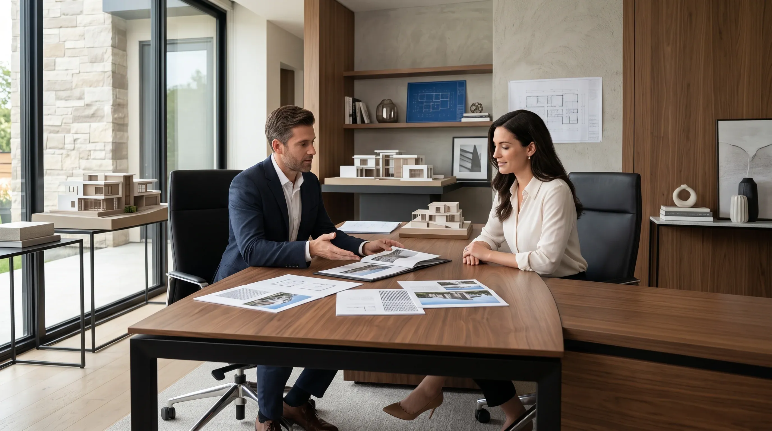 Vista de profesionales revisando distribuciones arquitect&oacute;nicas y documentos de portafolio en una oficina moderna, representando la selecci&oacute;n curada de proyectos exitosos y la planificaci&oacute;n espacial personalizada de RBA Residences en Zapopan.