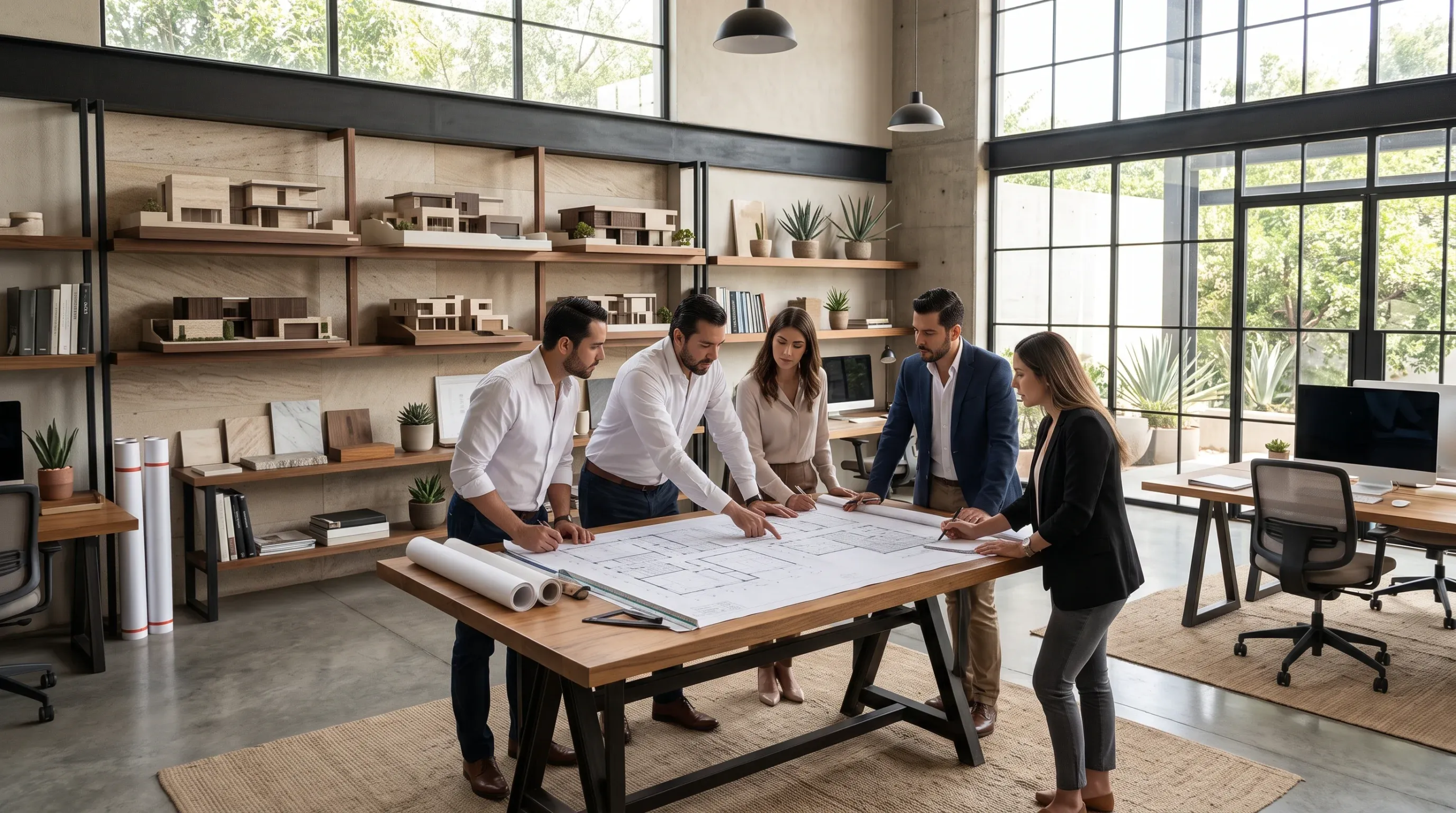 Vista de un equipo de arquitectos y diseñadores revisando grandes planos sobre una mesa de trabajo de madera en un estudio moderno, rodeados de maquetas a escala, muestras de materiales y amplios ventanales de estilo industrial, representando la sinergia colaborativa y la inteligencia multidisciplinaria de RBA Residences en Zapopan.