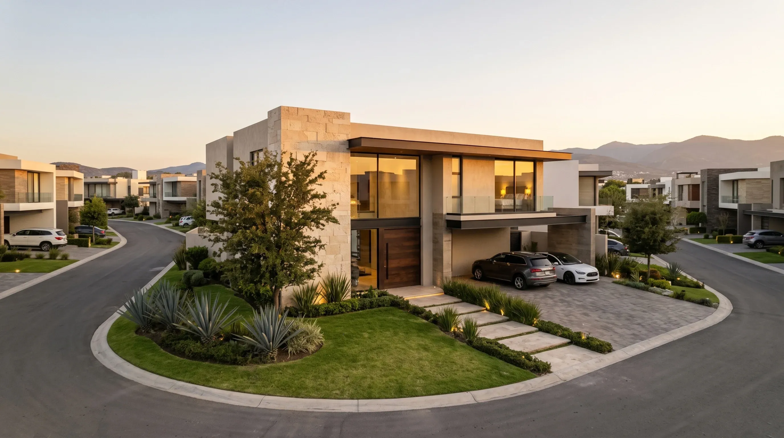 Vista de una residencia de lujo moderna de dos niveles en una calle suburbana curva, con fachada de piedra y estuco neutro, ventanales de piso a techo, gran puerta de madera, jardín con agaves ornamentales y árboles, y autos en la entrada pavimentada con fondo de montañas, representando la integración urbana y el atractivo visual de RBA Residences en Zapopan.