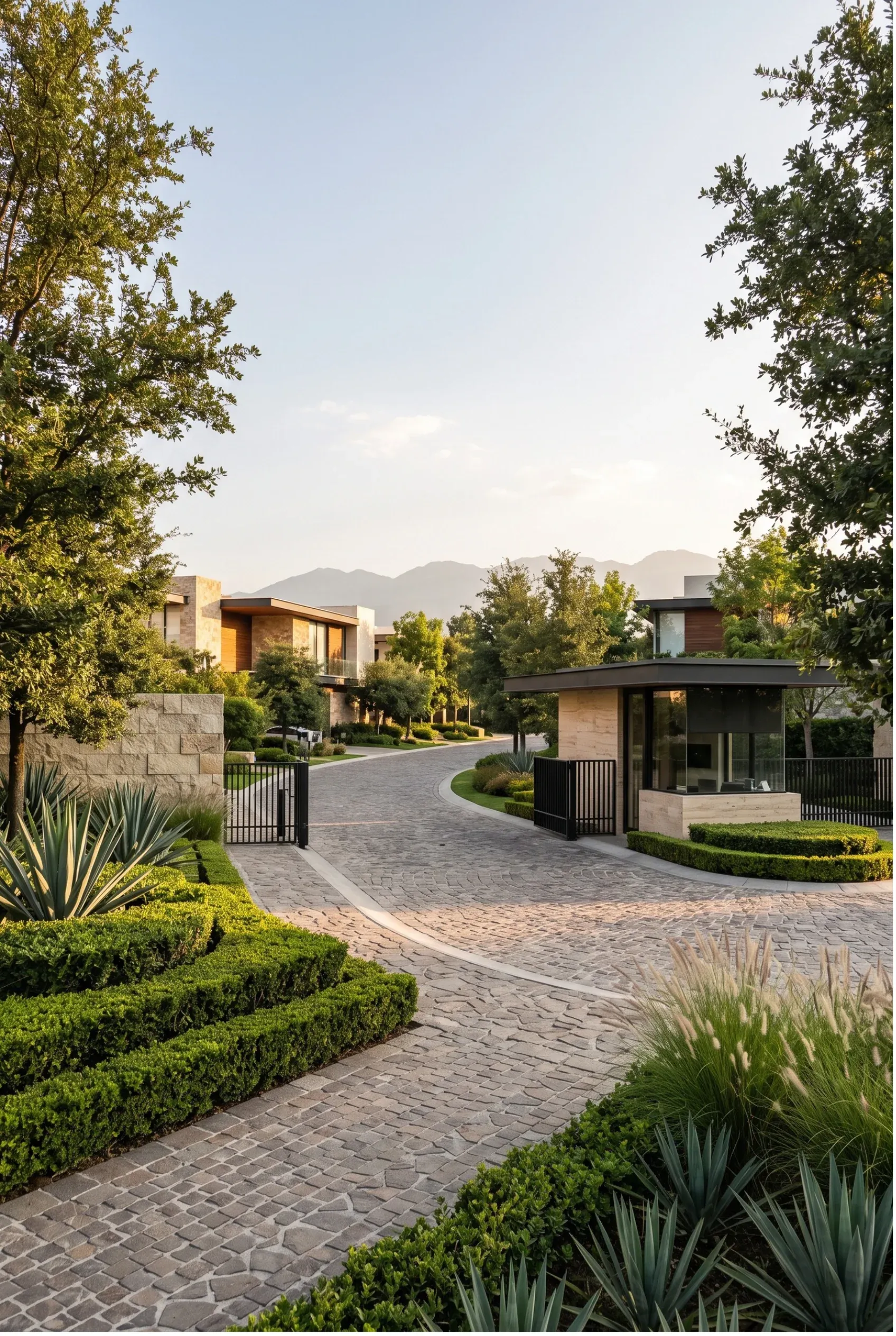 Vista de la entrada privada con acceso controlado de una comunidad residencial, con caseta de seguridad, camino pavimentado de adoquines, setos cuidados y casas modernas al fondo, representando la seguridad exclusiva y la primera impresión de lujo de RBA Residences en Zapopan.
