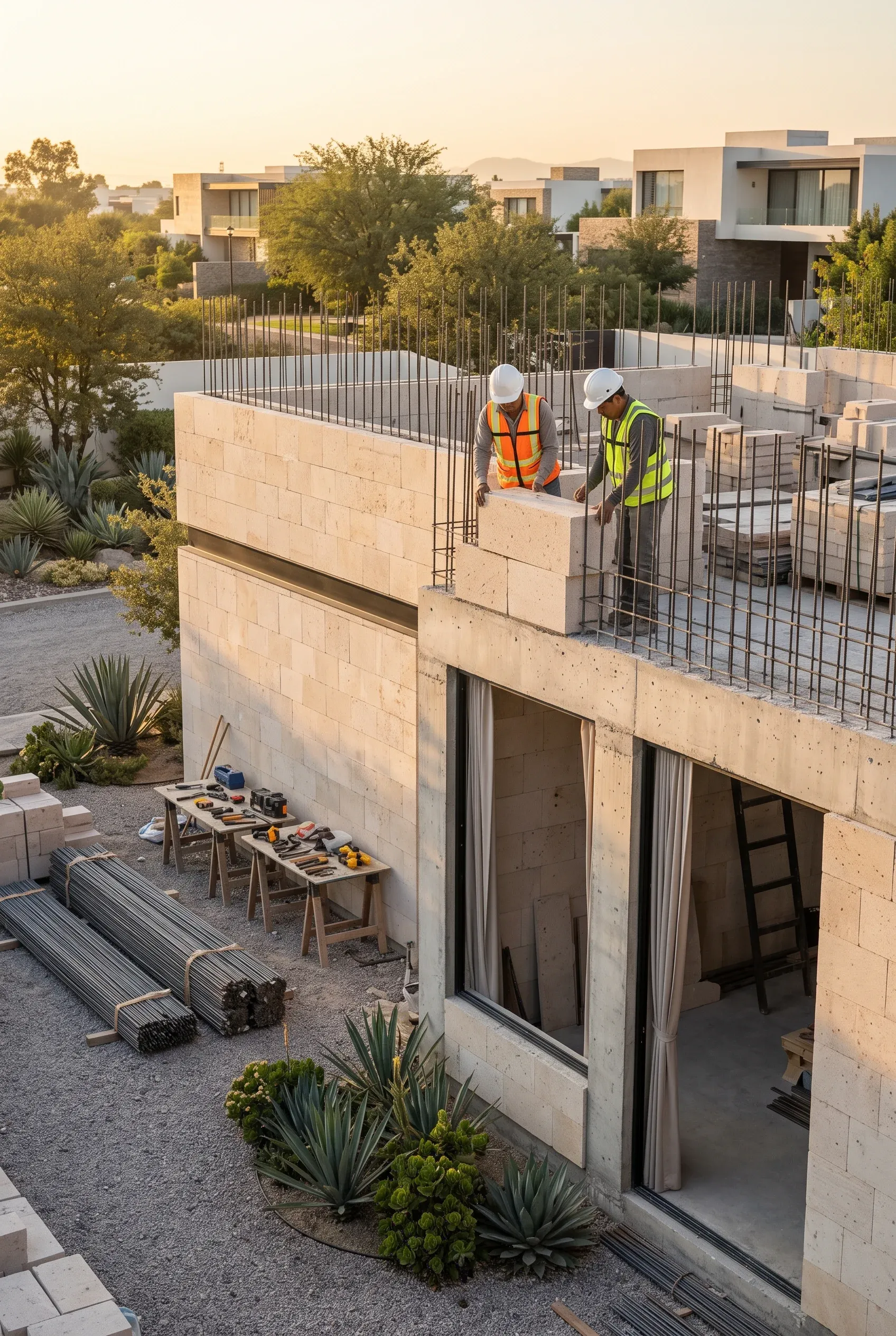 Vista de la construcción de mampostería en sitio, con trabajadores colocando bloques de piedra sobre la superestructura de concreto, mientras los marcos de ventanas de holgura cero en planta baja y los rieles se preparan para un acristalamiento interior-exterior sin costuras, representando la precisión constructiva y la integración de RBA Residences en Zapopan.