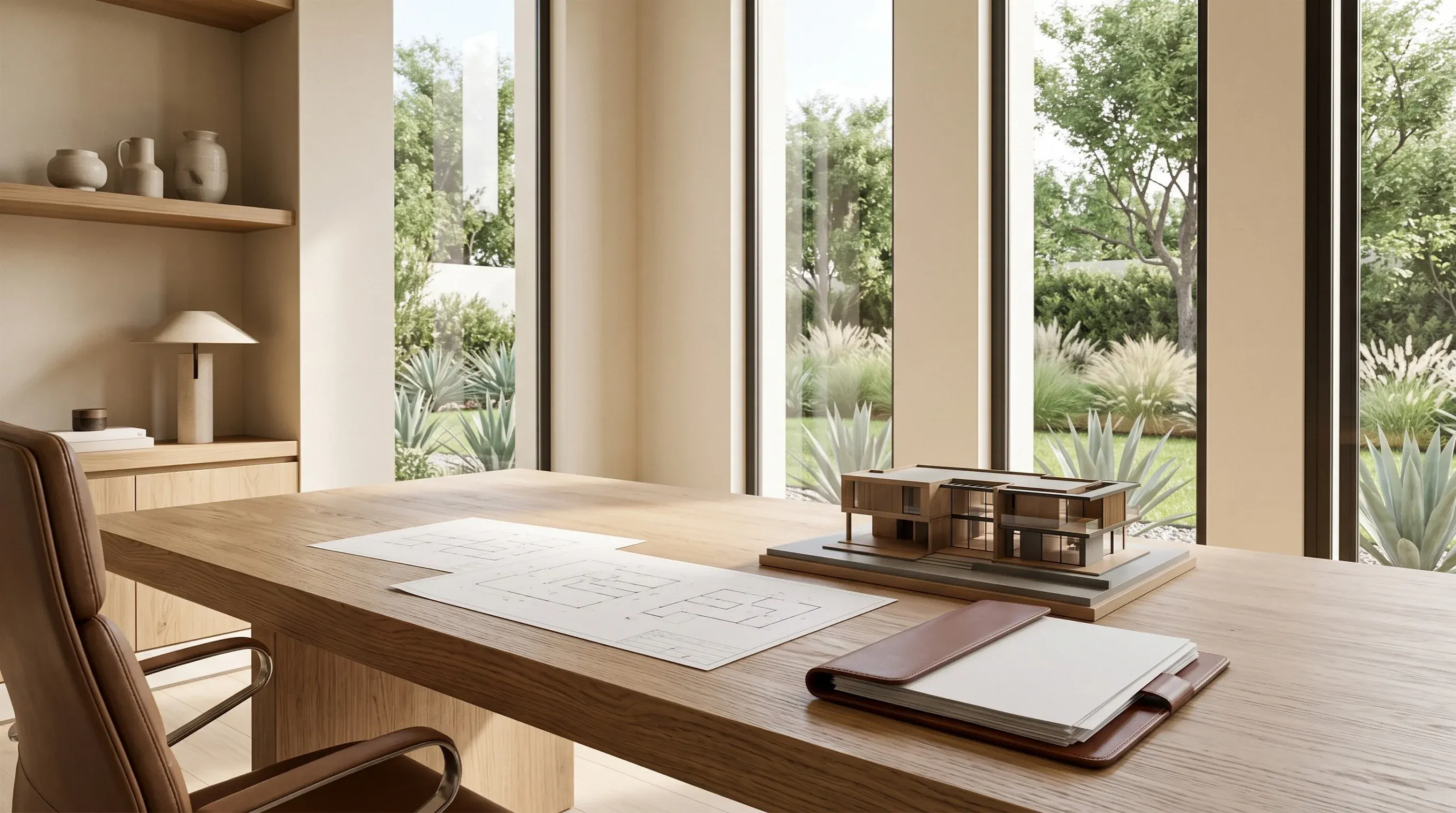 Vista de una oficina ejecutiva de arquitectura minimalista con una maqueta a escala, planos de planta y una libreta de cuero sobre un escritorio de roble claro, representando la consultoría de diseño a medida y la experiencia premium de asesoría de RBA Residences en Zapopan.
