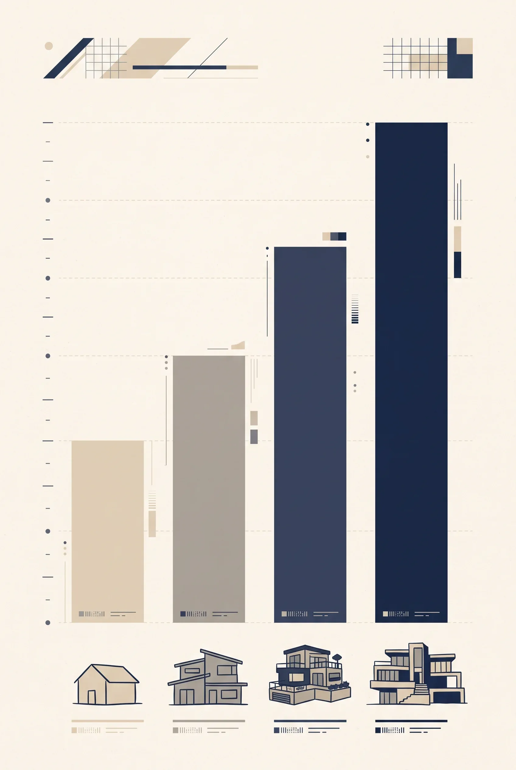 Vista de una infografía arquitectónica minimalista con cuatro gráficos de barras ascendentes emparejados con ilustraciones de estructuras residenciales que progresan de una casa sencilla a una villa de lujo multinivel, sobre un fondo beige cálido con acentos geométricos, representando la excelencia escalable y la evolución del portafolio de RBA Residences en Zapopan.