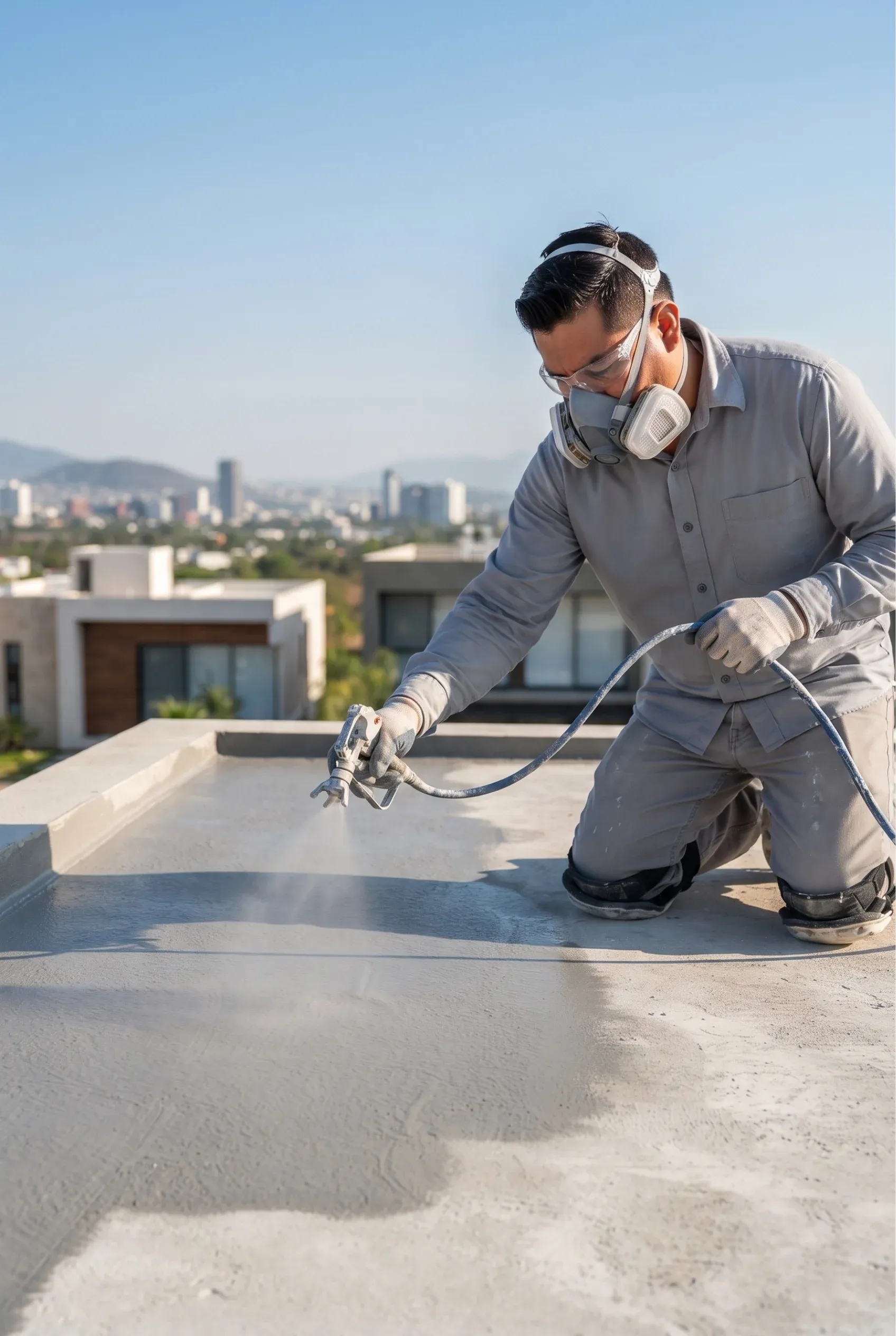 Vista de un trabajador de la construcción con equipo de protección aplicando un recubrimiento impermeabilizante con un rociador de pintura en una azotea bajo un cielo azul despejado, representando la maestría en impermeabilización y la protección avanzada de RBA Residences en Zapopan.