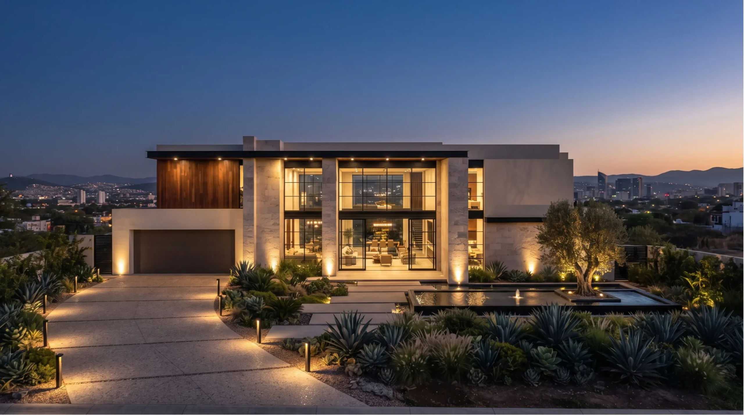 Vista de una mansión moderna de lujo al atardecer con amplias fachadas de cristal, columnas exteriores de piedra, iluminación interior cálida, iluminación paisajística integrada y una alberca de reflejos poco profunda, representando el diseño lumínico arquitectónico y el ambiente nocturno de RBA Residences en Zapopan.