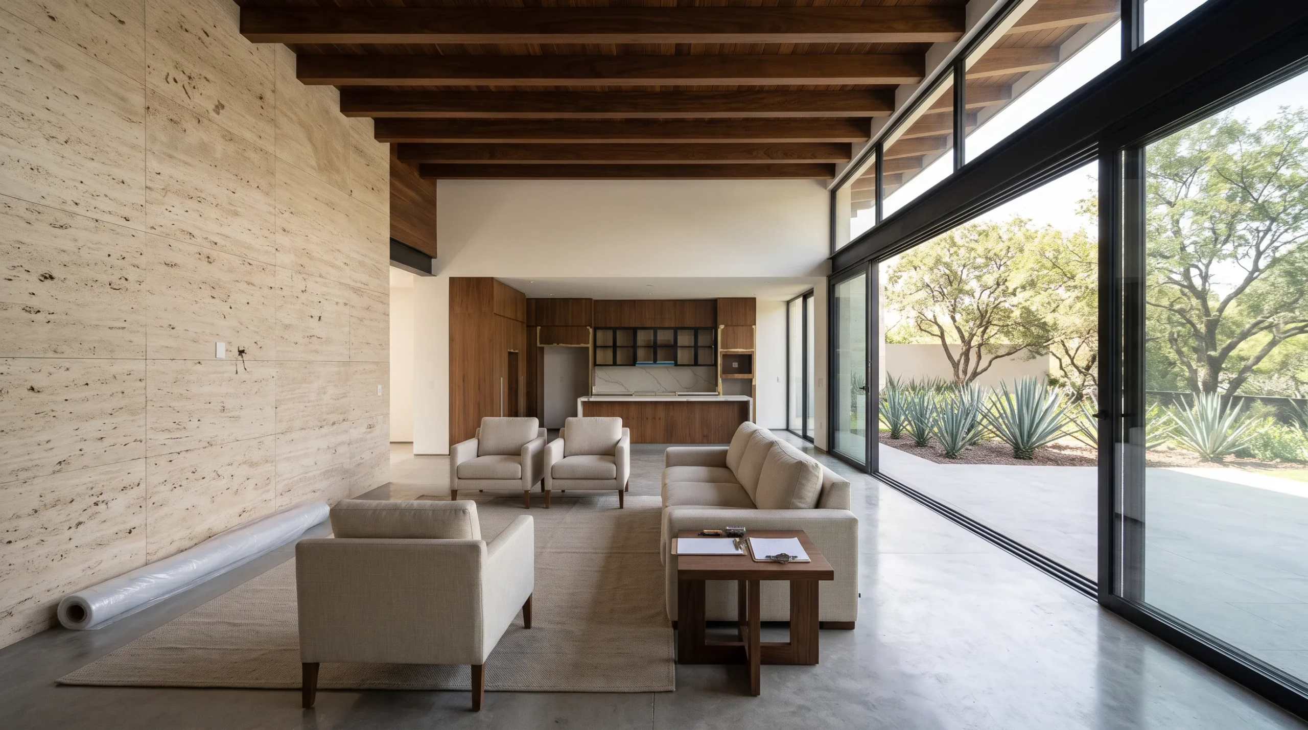 Vista interior de un espacio abierto moderno de sala y comedor con vigas de madera expuestas en el techo, revestimiento de pared de travertino y pisos de concreto pulido, representando la modernidad orgánica y la armonía sensorial de los materiales naturales de RBA Residences en Zapopan.